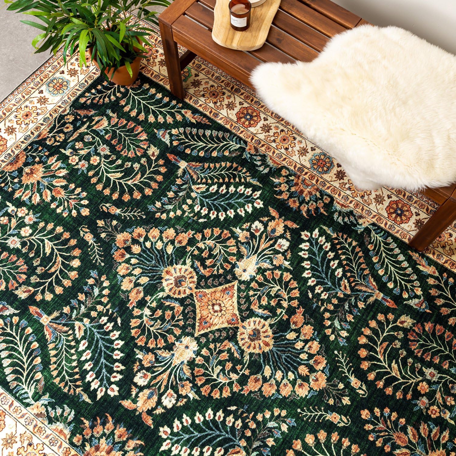 FRAAI | Home & Living Tapis d'extérieur Vintage - Santo Flora Vert Foncé - 80x150 cm - Tapis Exterieur Resistant Pluie - Rectangulaire - Terrasse, Jardin, Balcon