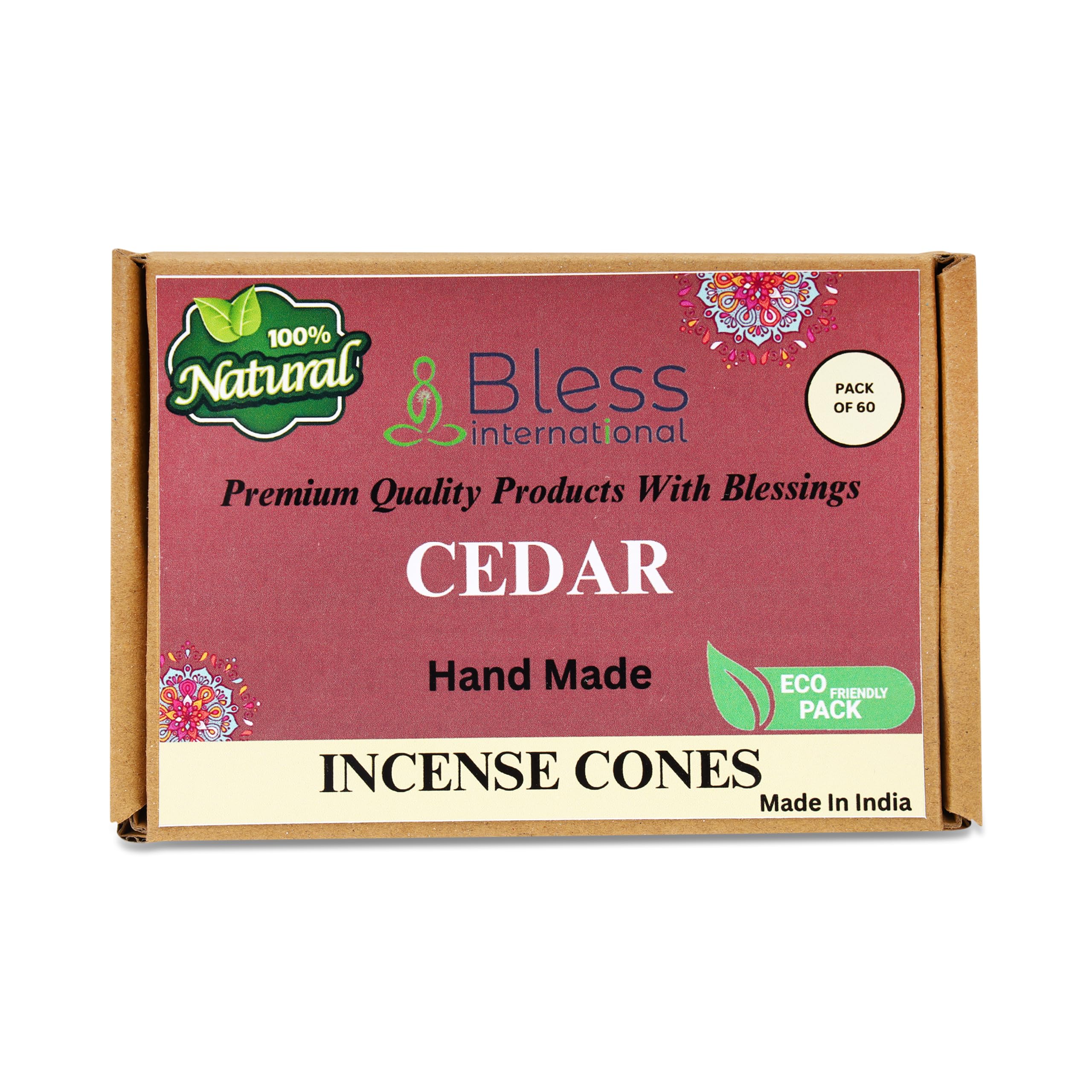 Bless InternationalCedar 100%-Natural-Incense-Cones Handmade-Hand-Dipped Organic-Chemicals-Free for-Purification-Relaxation-Positivity-Yoga-Meditation The-Best-scents (60 Count)