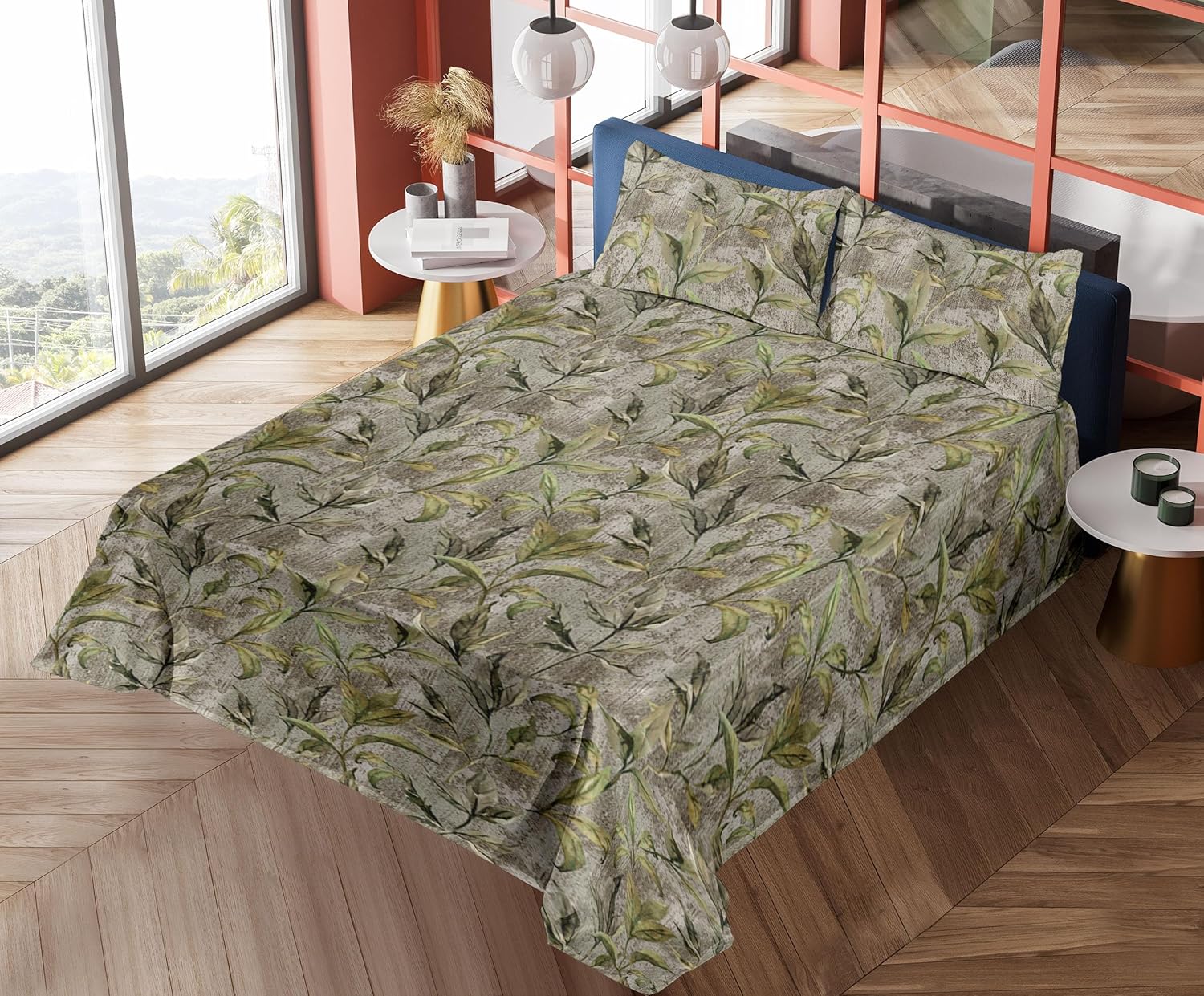 Ambesonne Leaves Greenery Sheet Set, Tropical Leaf Pattern with Neutral Colors Boho on Grunge Rustic Back, Fitted and Flat Sheet with Pillowcases Bedding Accent 4 Piece Set, Full, Olive Green Taupe