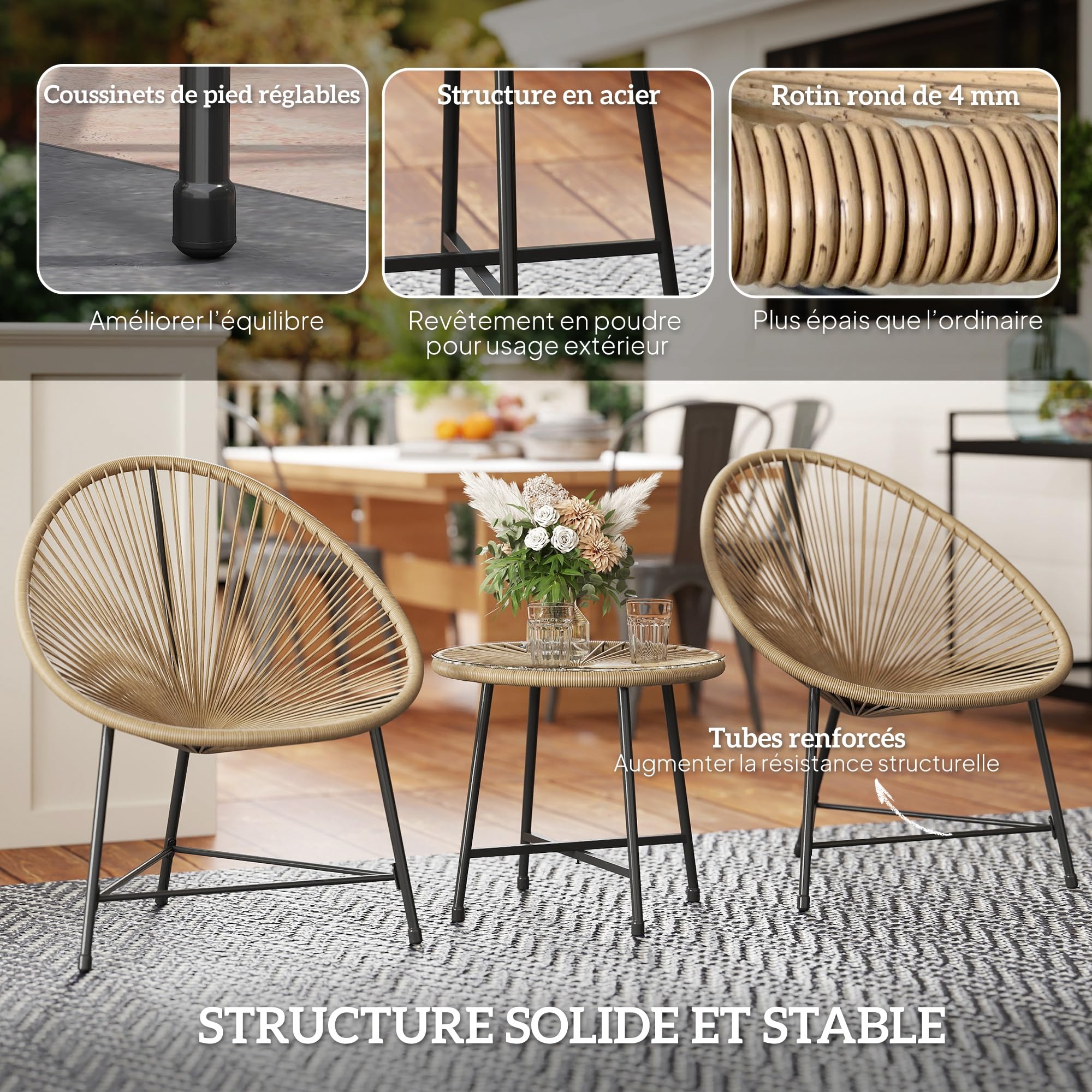 Outsunny Salon de Jardin extérieur en résine tressée 2 Personnes, Table avec 2 chaises, Plateau en Verre trempé, Naturel
