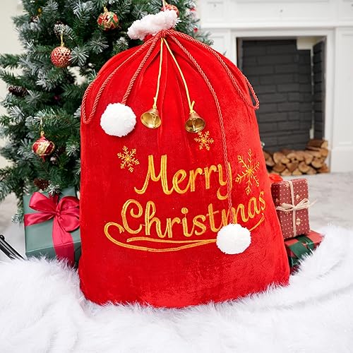 Miniatura 7 de JOYIN Bolsas de regalo grandes de Navidad de 31 x 27 pulgadas con cordón de cordón, saco rojo de Papá Noel para decoración de interiores de Navidad,