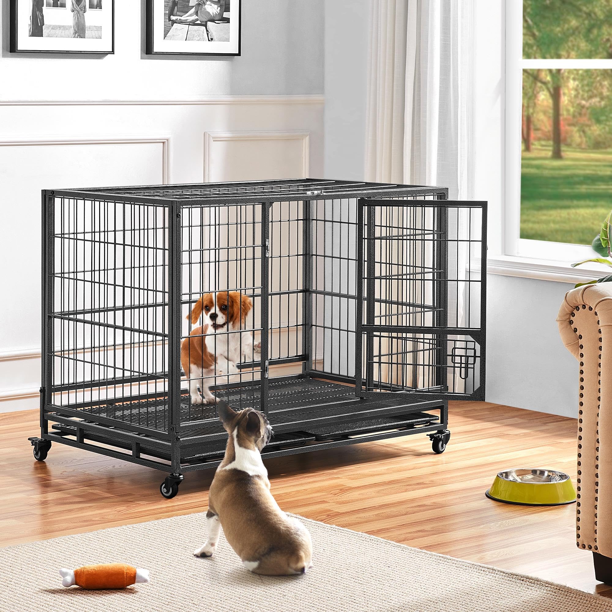 Yaheetech Gabbia per Cani Kennel Pieghevole 106 x 65 x 81 cm in Metallo Grande Tetto Apribile Medio con Ruote e Chiavistello Due Vassoi Rimovibili Sportello Nero