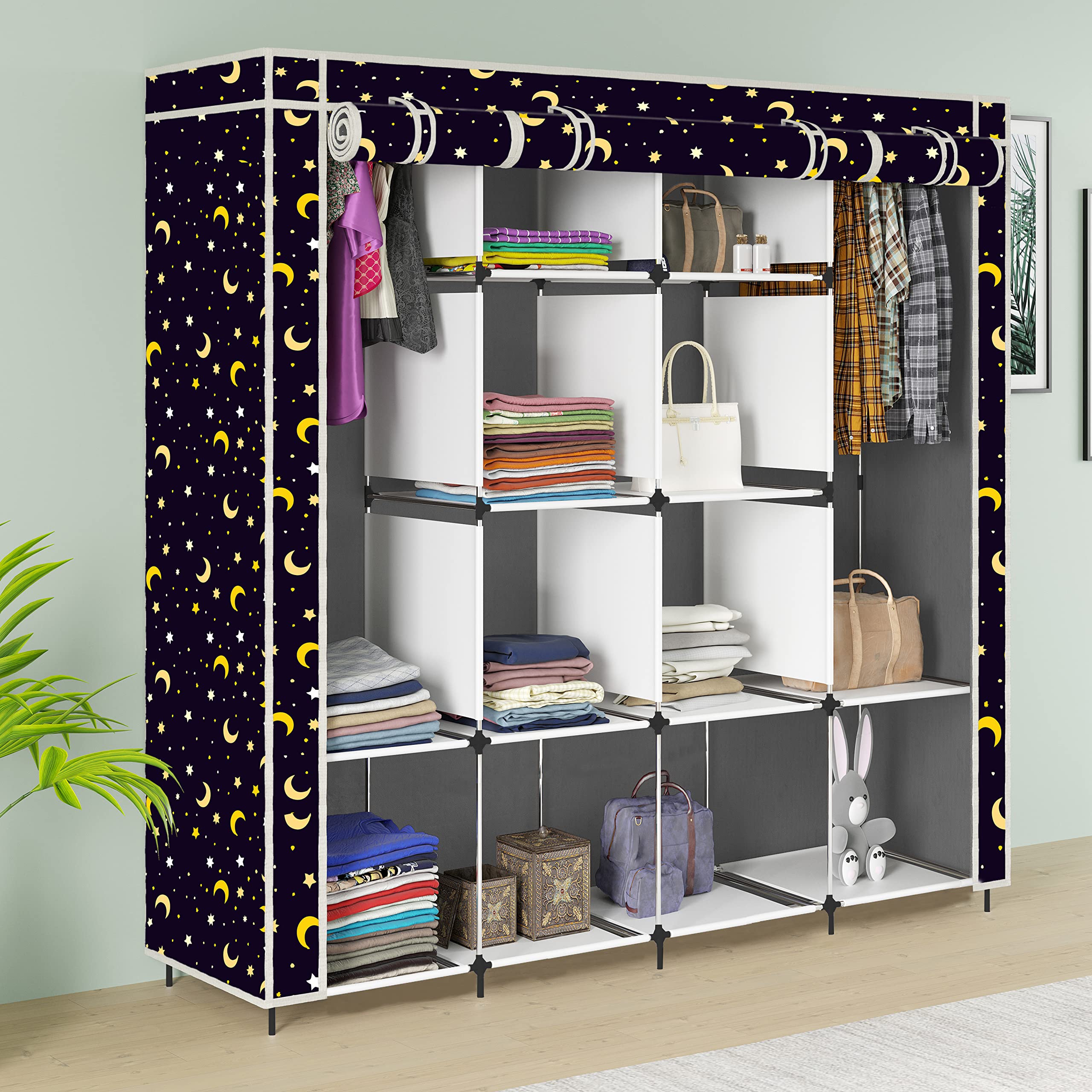 GTC® Printed Collapsible Wardrobe Portable Foldable Closet for Clothes Almira, 2 Hanging Space, 12 Shelves, 1 Side Pocket (Non-Woven Fabric 100GSM) (7000-5 Moon Star Grey) (B0BSV2T63J) Amazon Price History, Amazon Price Tracker