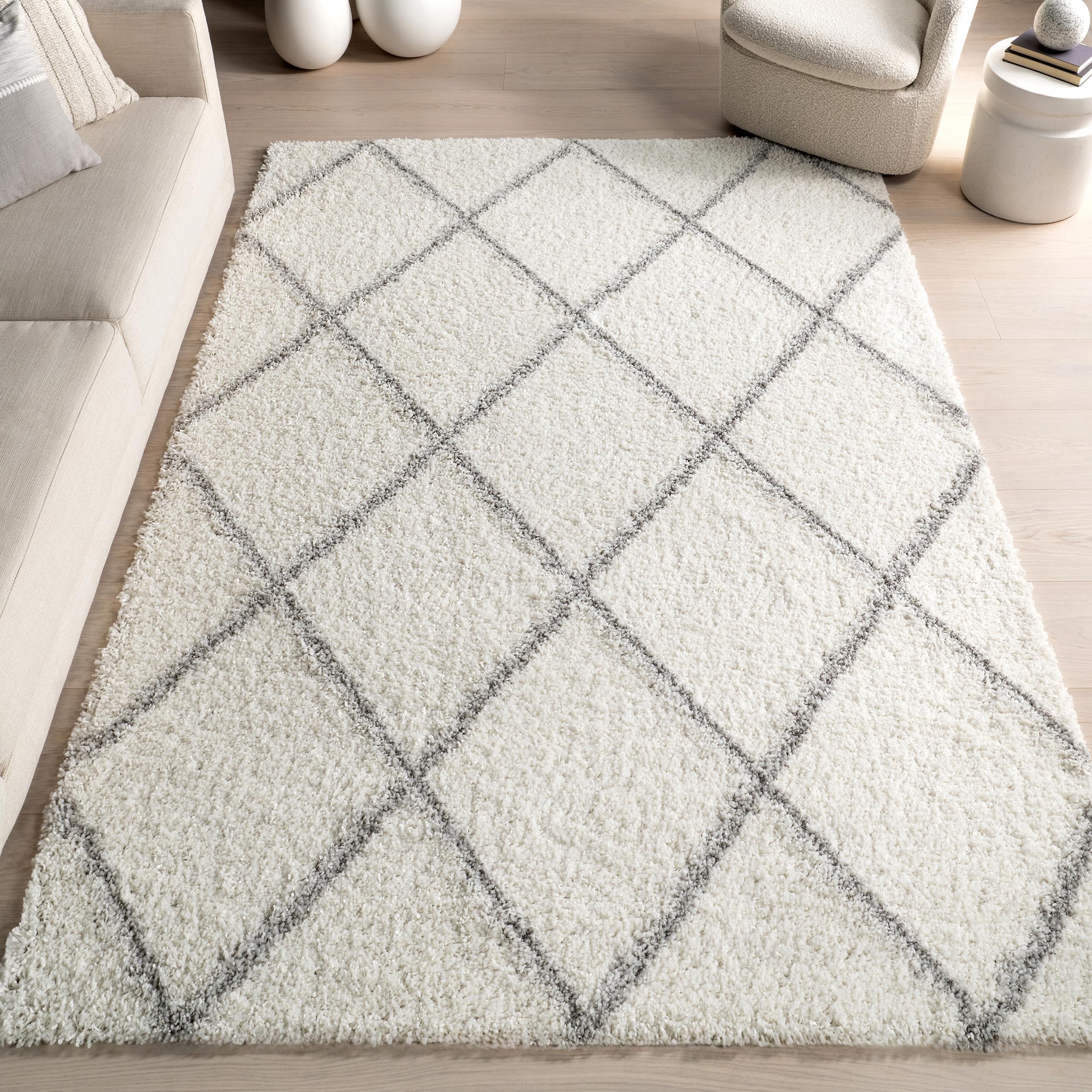 Tess Moroccan Shag Area Rug - 5x8 Shag Area Rug Modern/Contemporary White/Grey Rugs for Living Room Bedroom Dining Room Nursery
