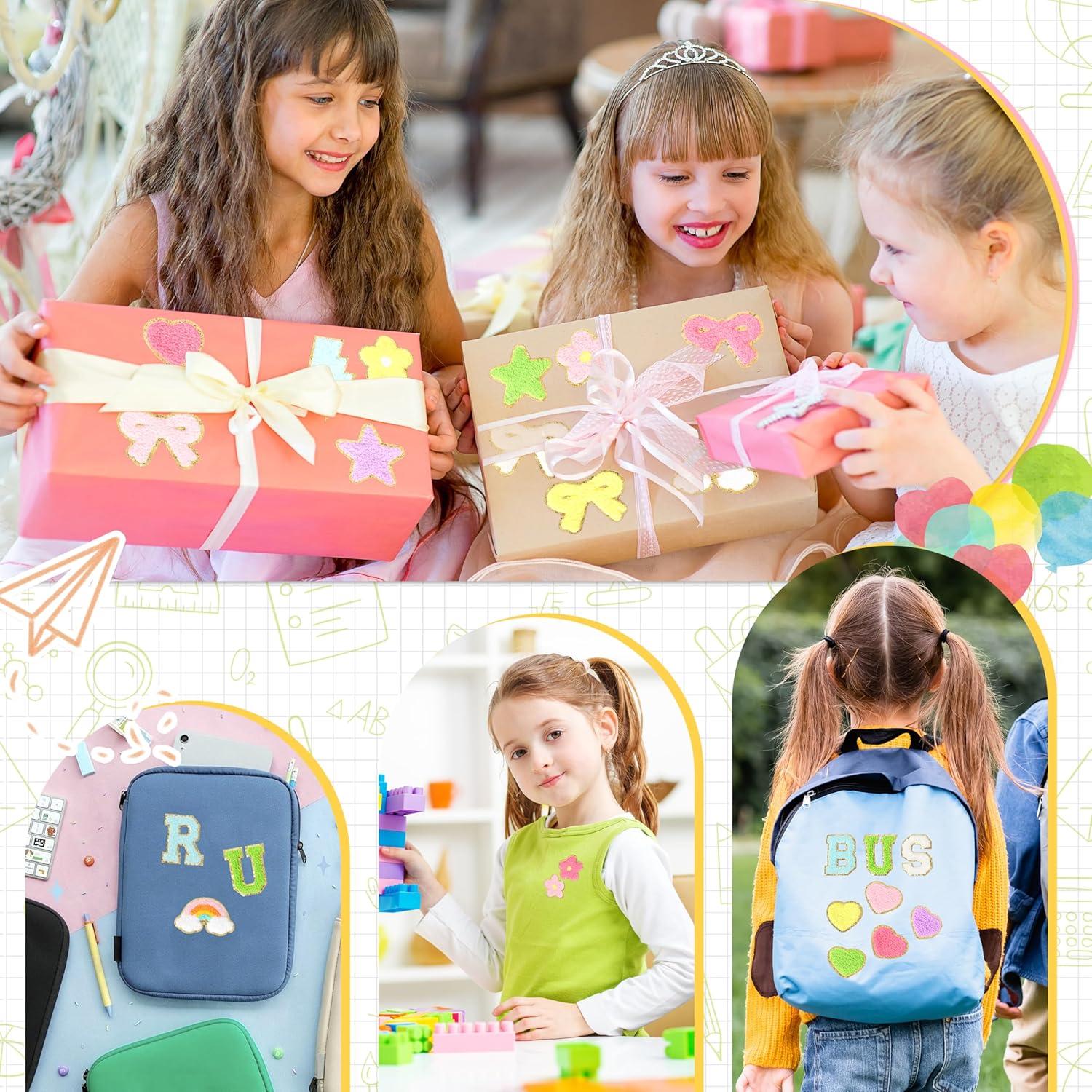 Chenille Patches Self-Adhesive for DIY Clothing: NICEVINYL 146PCS Varsity Letter Patches Sticker for Girls Hats Backpacks Bags - Preppy Lightning Star Heart Rainbow Chenille Patch Stick on