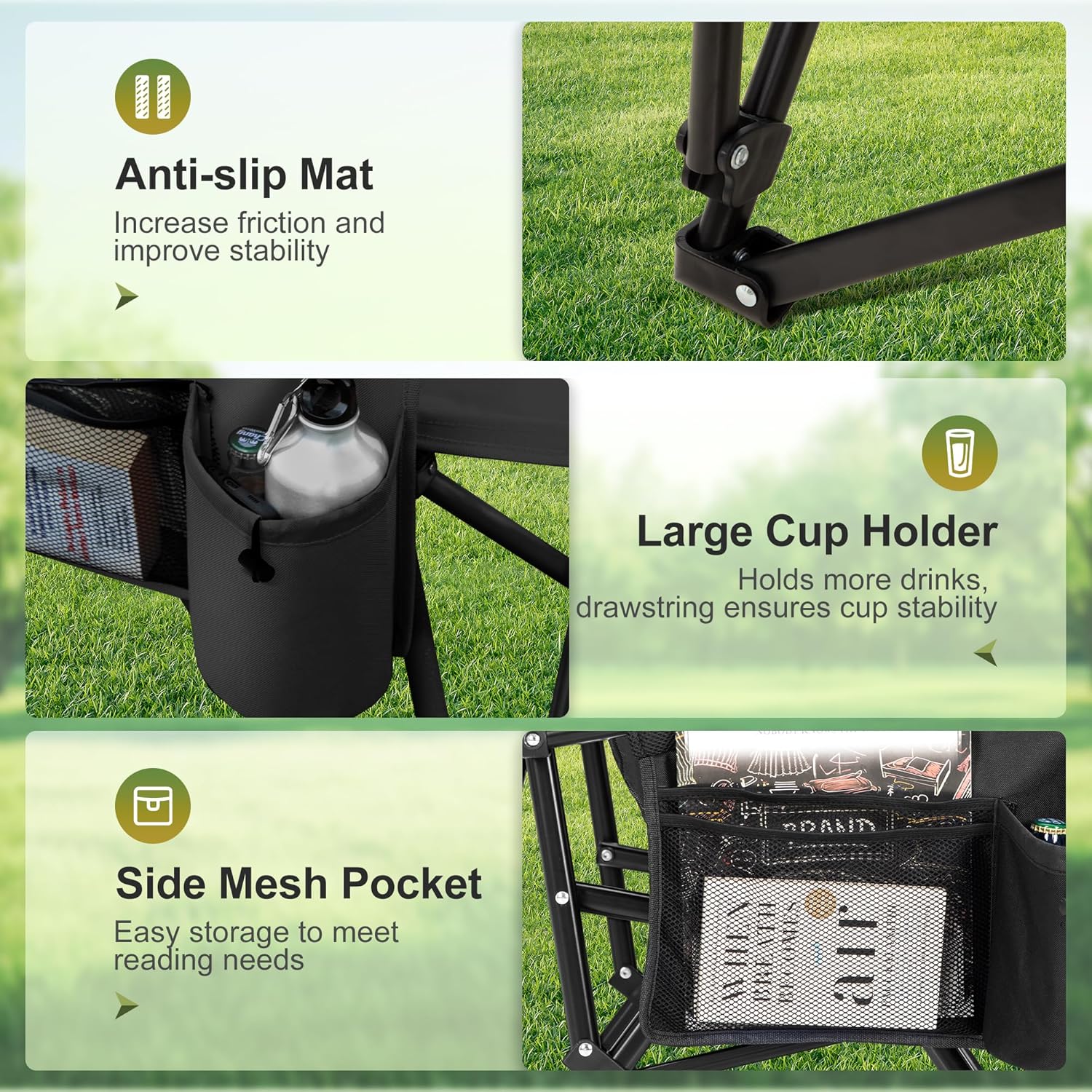 LET'S CAMP Oversized Camping Chairs 29.52" High Back Heavy Duty Lawn Chair Support 500LBS, Portable Collapsible Chair with Cup Holder, Side Pocket(Black) - Image 8