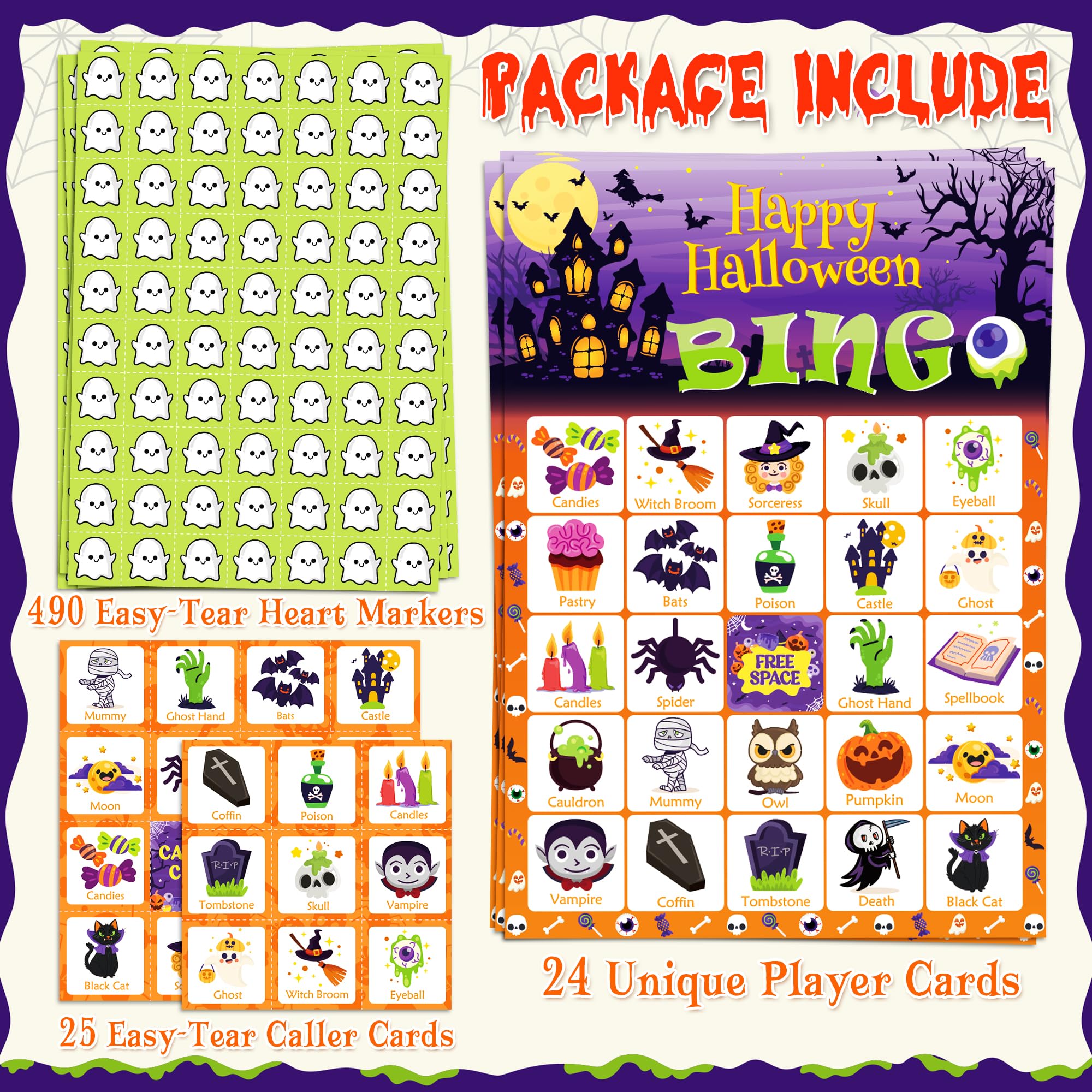 OHOME Halloween Games - Halloween Bingo for Kids | Halloween Party Favors - 24 Players Halloween Toys Gifts Party Supplies | Halloween Crafts Accessories Treats Activities for Family