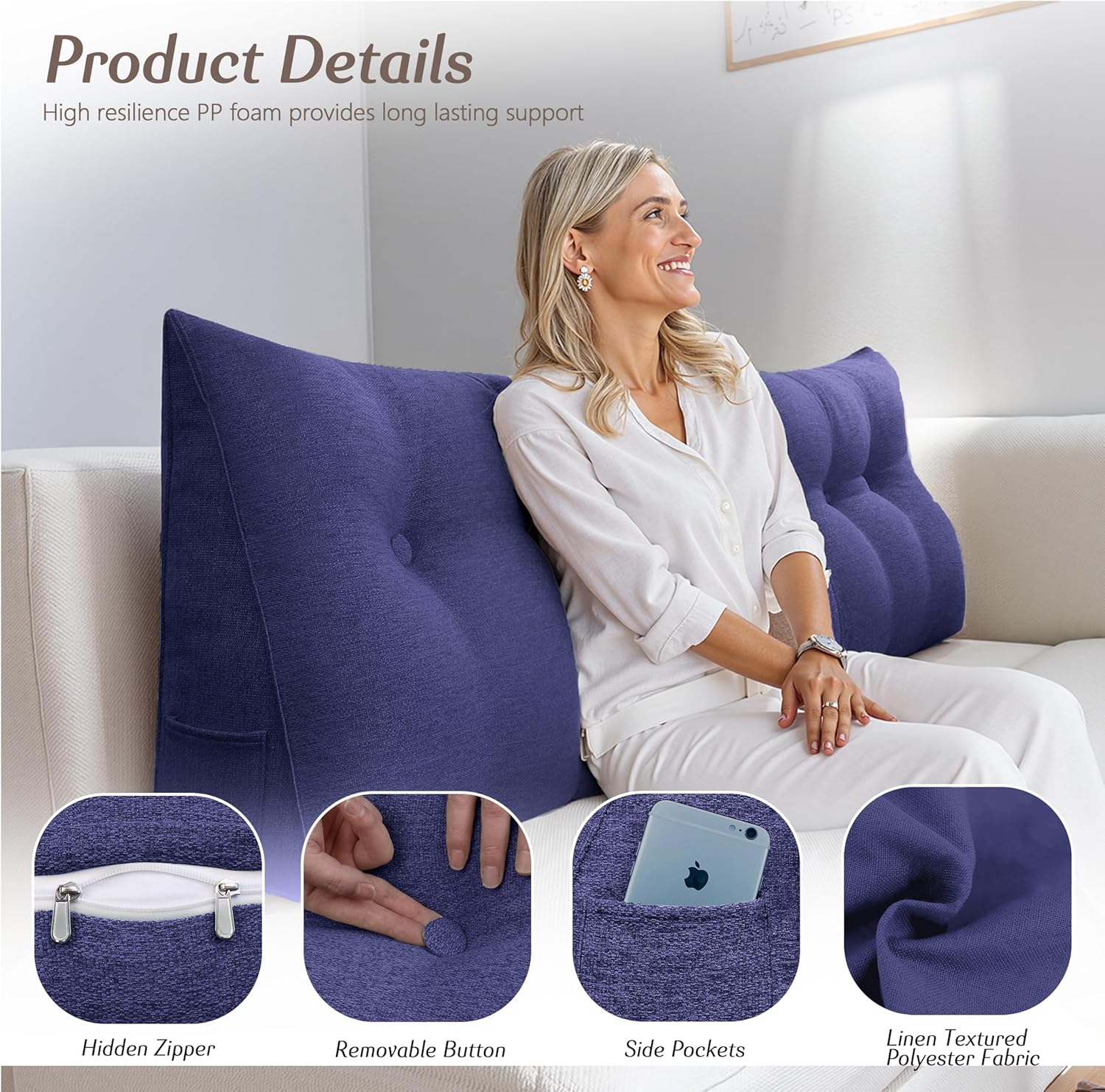 Headboard Pillow Triangular Wedge Pillows Sitting up in Bed for Reading Backrest Daybed Pillow with Removable Cover Twin Blue