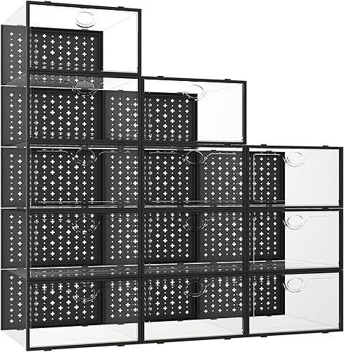 Pinkpum Paquete de 12 cajas de almacenamiento de zapatos, organizador de zapatos para armario, tamaño XL, contenedores apilables de plástico