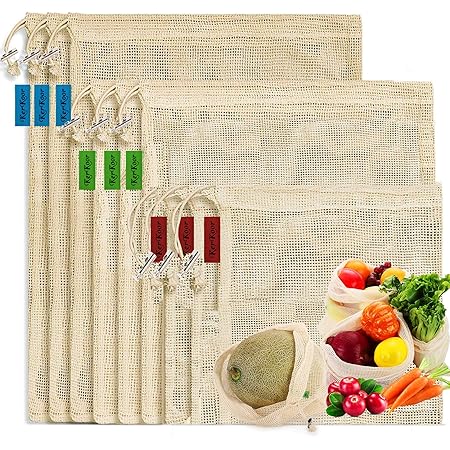 KerKoor Reusable-Cotton-Mesh-Produce-shopping-Bags-Washable Eco Friendly Premium See Through Lightweight Net zero Bulk Bags for Veggie Fruit Vegetable Grocery Storage (9 Packs)
