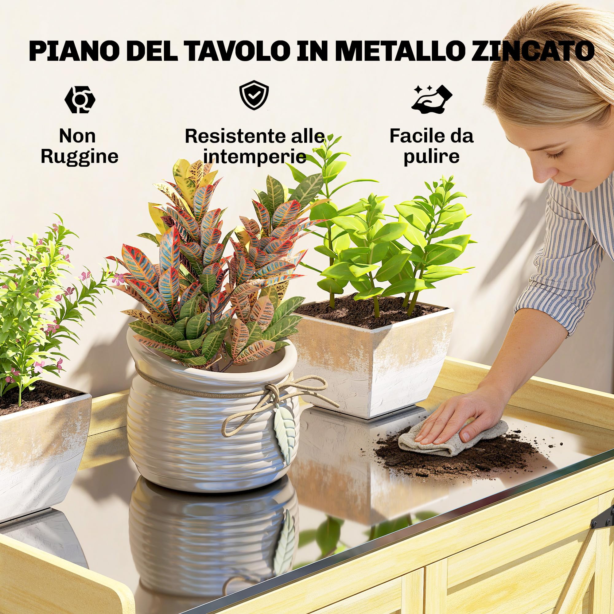 Outsunny Casetta da Giardino in Legno di Abete con Ripiani e Ganci Laterali, Armadio da Giardino con Doppia Porta e Piano di Lavoro in Acciao Zincato per Terrazza Patio, 71.5x39x95cm, Naturale