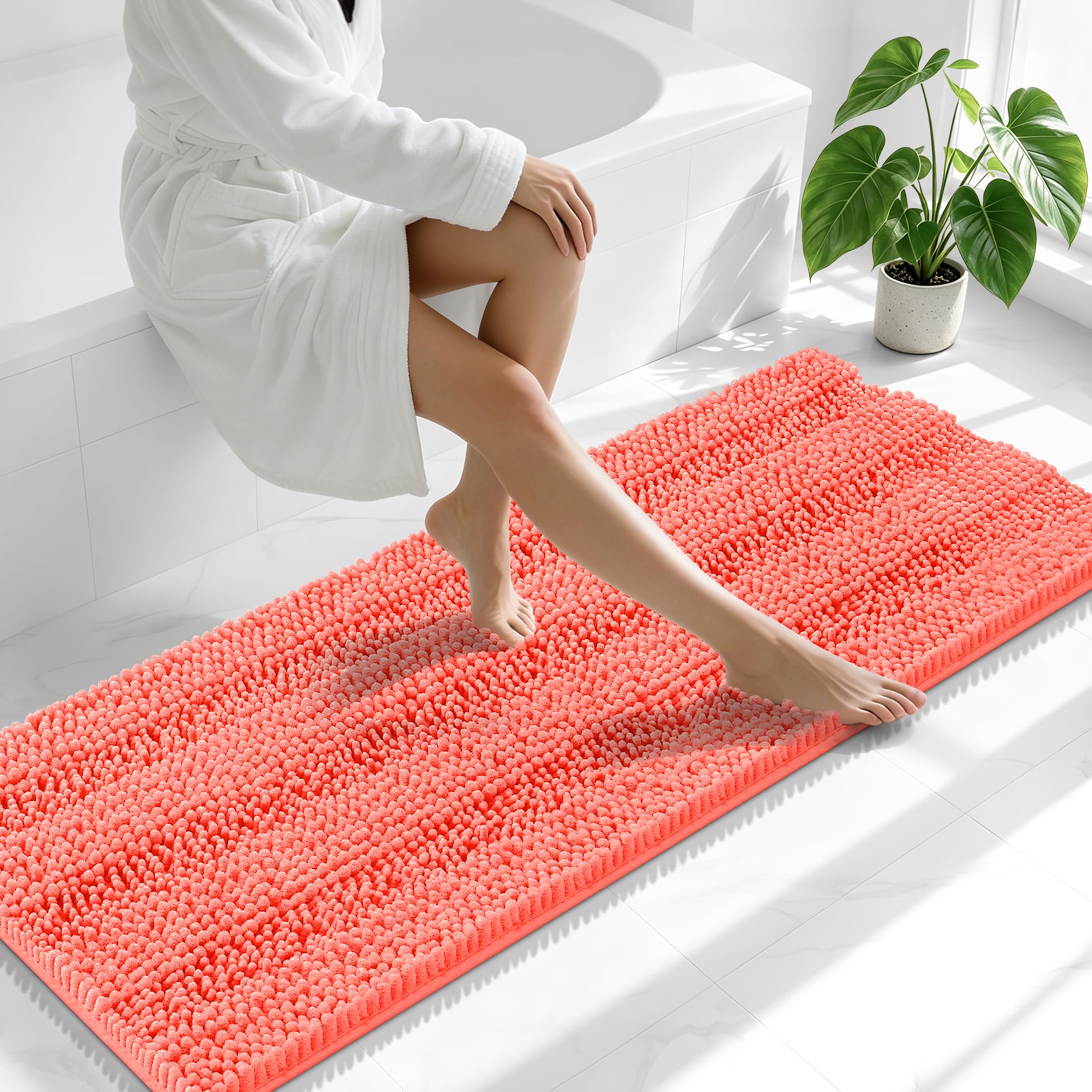 Smiry Thick Chenille Bathroom Runner Rugs 59x20, Absorbent Bath Mat, Coral
