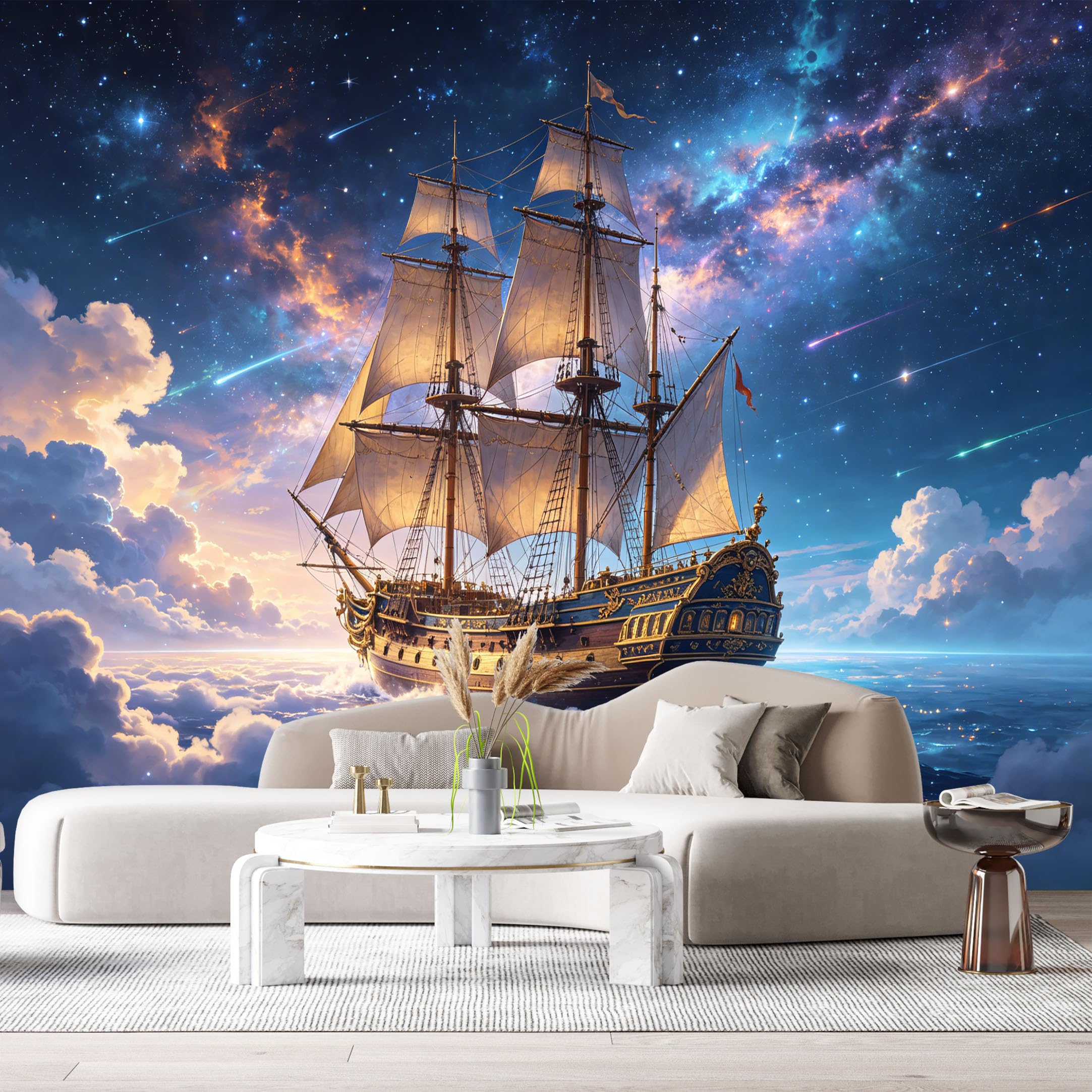 Custom Size Wall Murals Sailing Ship Ocean Marine 3D Trompe L'Oeil Starry Night Sky SelfAdhesiveWall Fabric Removable Wallpaper Wall Decor for Living Room Bedroom Bathroom