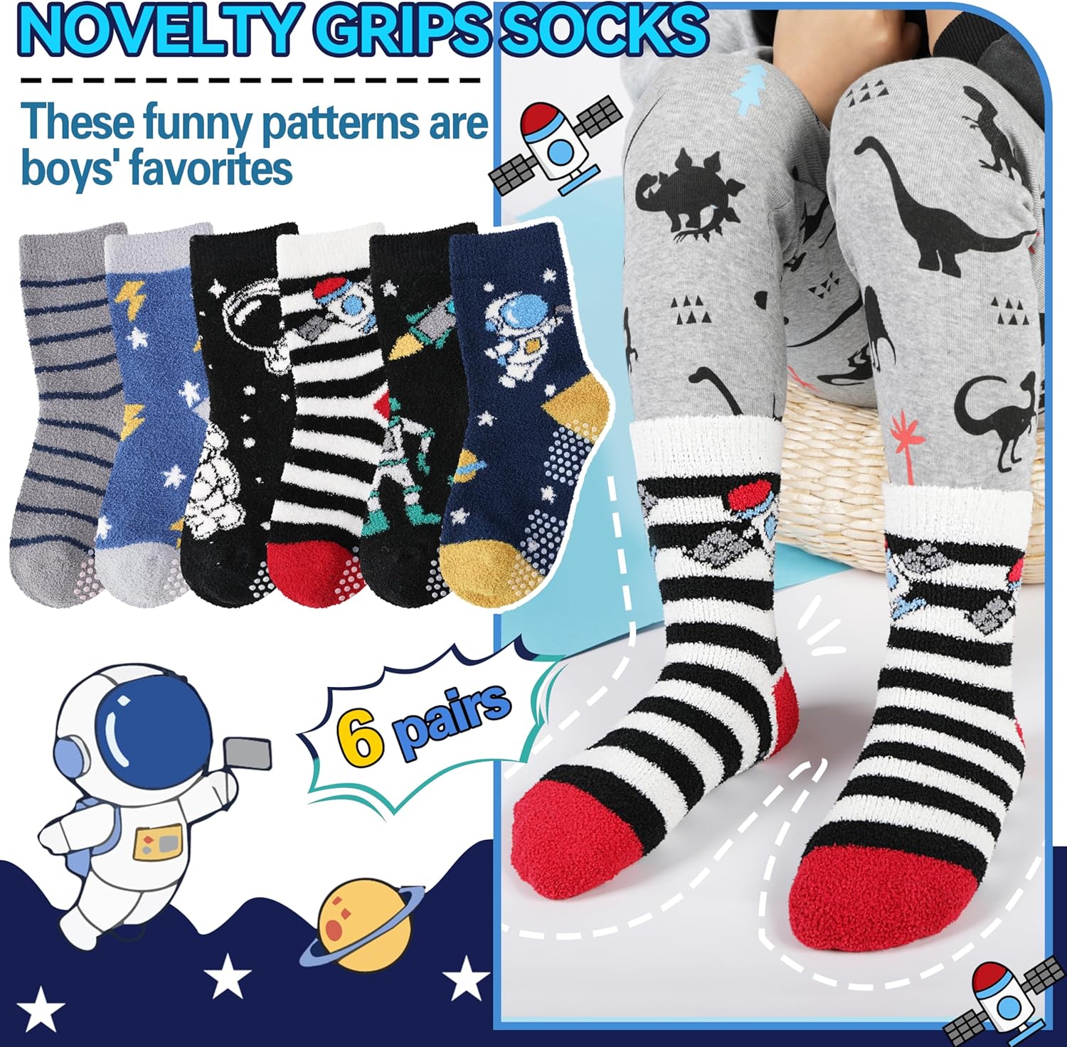 MOGGEI Kids Boys Toddlers Fuzzy Slipper Grips Socks Non Slip Warm Winter Fluffy Cozy Thick Fun Crew Gripper Socks 6 Pairs - Image 4