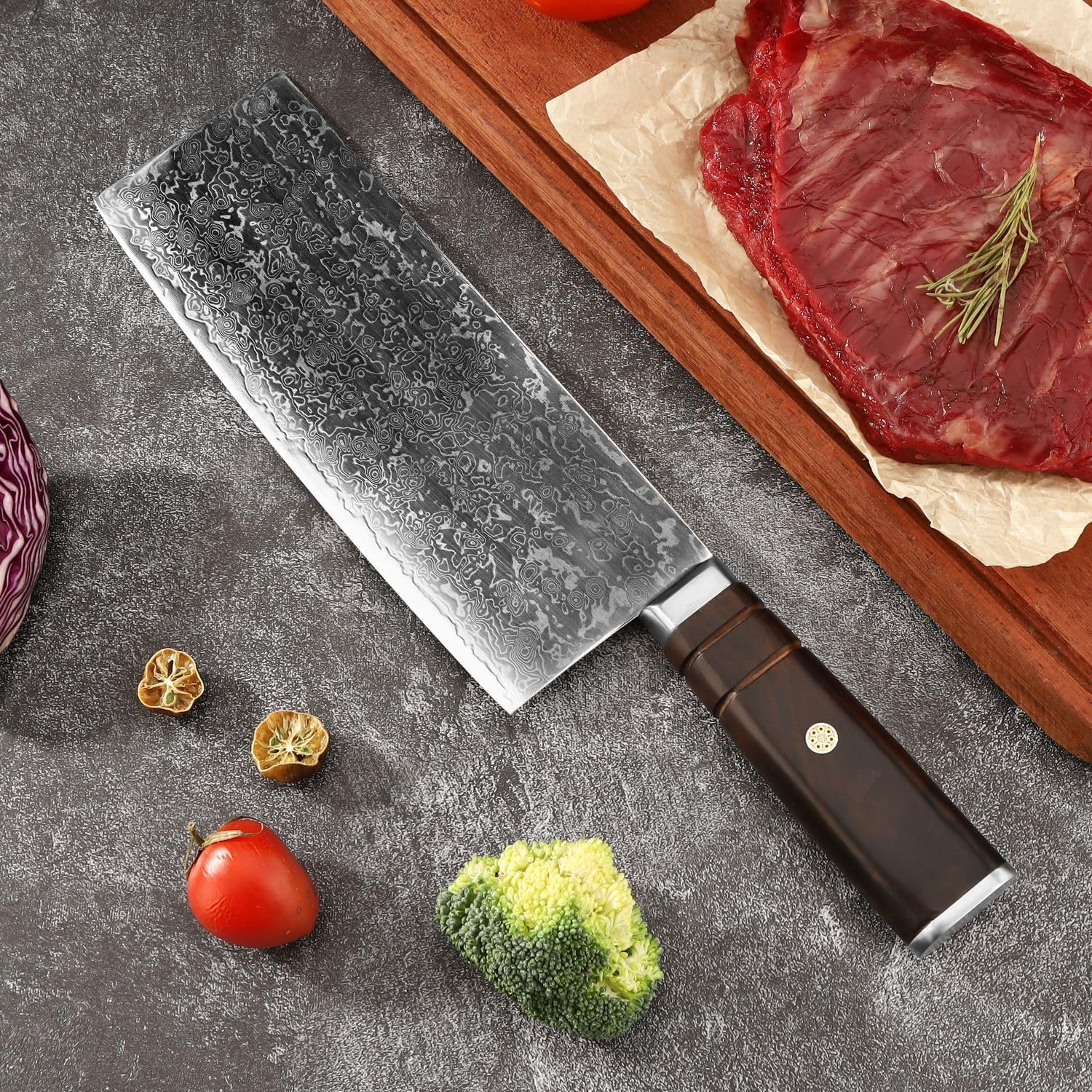 Meat Cleaver Knife, 8 Inch Chinese Chef Knife Damascus Steel Blade Sharp Slicing Cleaver Handmade Forged Kitchen Knives For Cutting Vegetables Meat