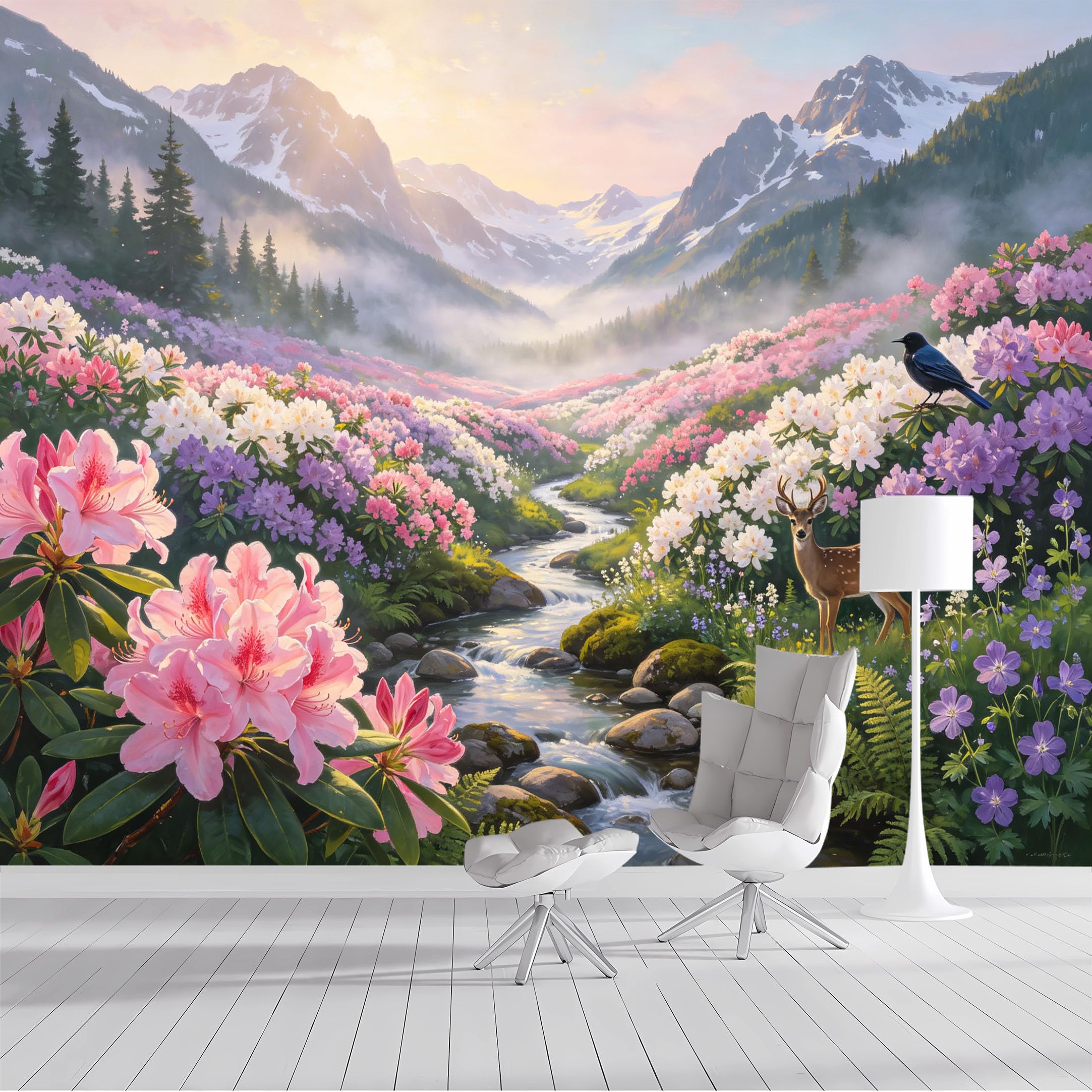 Custom Size Wall Mural Scenic Alpine Meadow Floral Landscape Deer Bird Watercolor SelfAdhesive Wall Fabric Removable Peel and Stick Wallpaper Wall Decor for Living Room Bedroom Bathroom