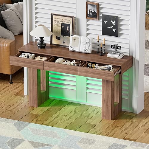 Miniatura 8 de PAKASEPT Mesa consola de 63 pulgadas de largo con luces LED coloridas y 3 cajones, mesa rectangular de madera para sofá detrás del sofá, mesa de
