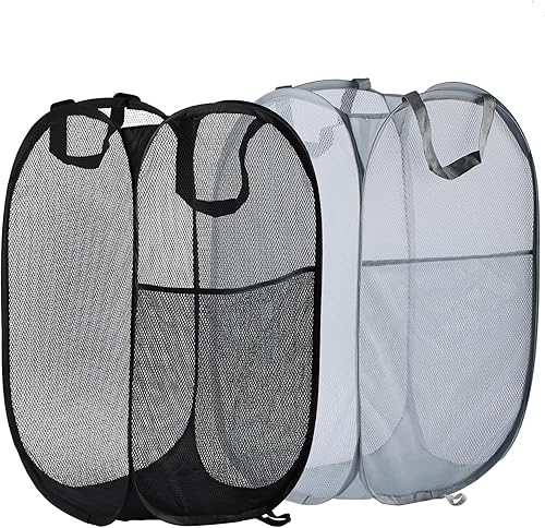 Cesta de lavandería plegable de malla, plegable, ligera, resistente al desgarro, transpirable, poliéster duradero + alambre de acero