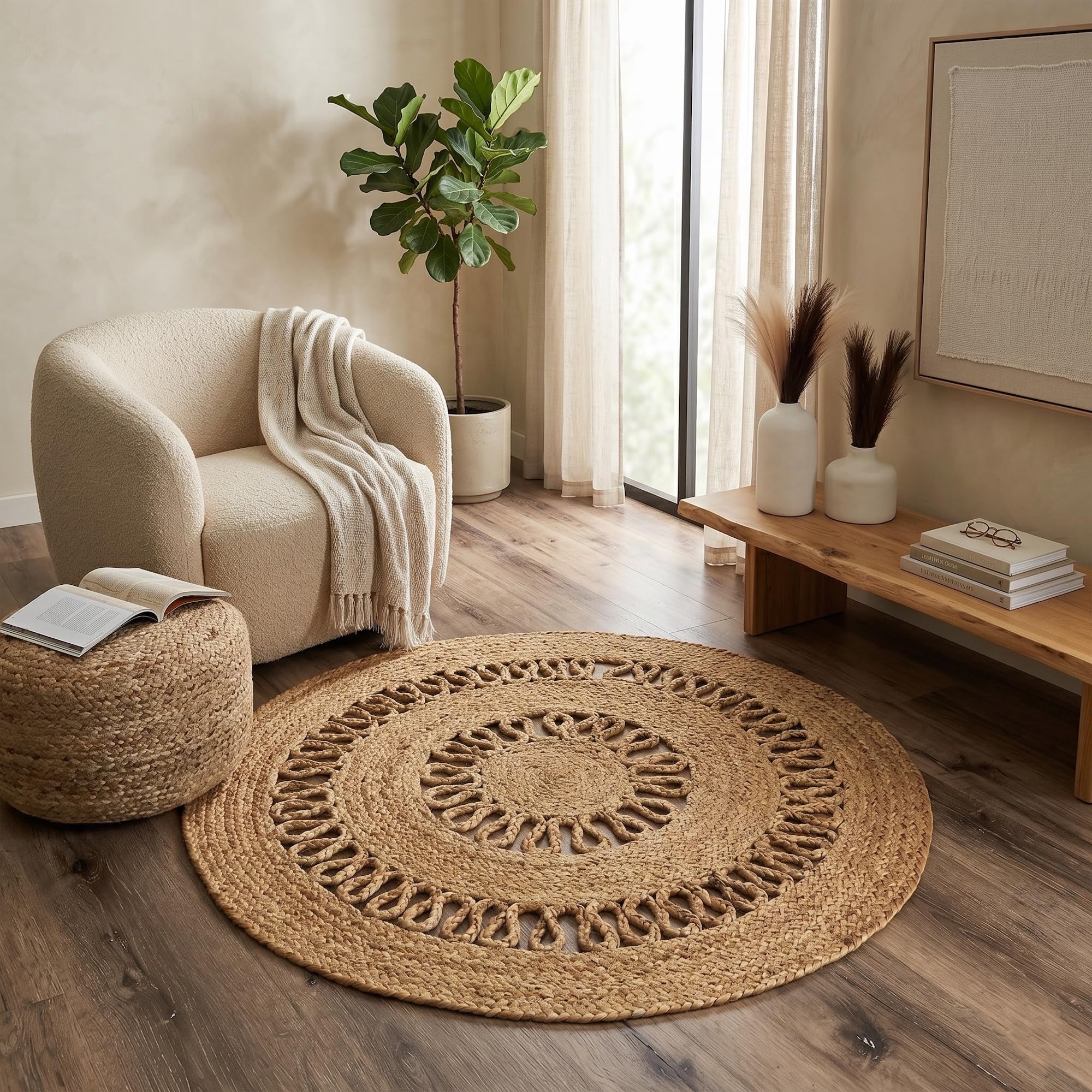 Agnes Round Rug, 100% Natural Jute, Artistic Hand Woven Circular Round Rugs for Kitchen, Living Room, Bedroom, Bathroom, Farmhouse - 90cm Round, 90cm x 90cm โ image 1