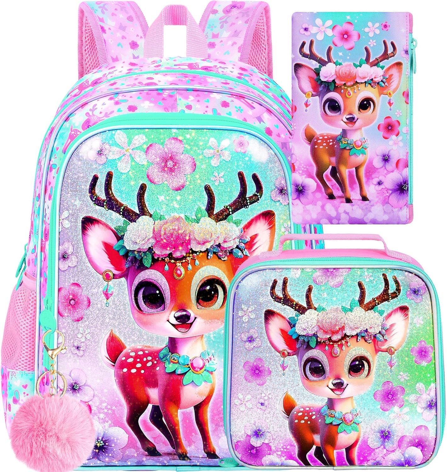 UFNDC 3PCS Girls Backpack, 16" Kids Bookbag with Lunch Box, Water Resistant School Bag for Elementary Preschool Toddler