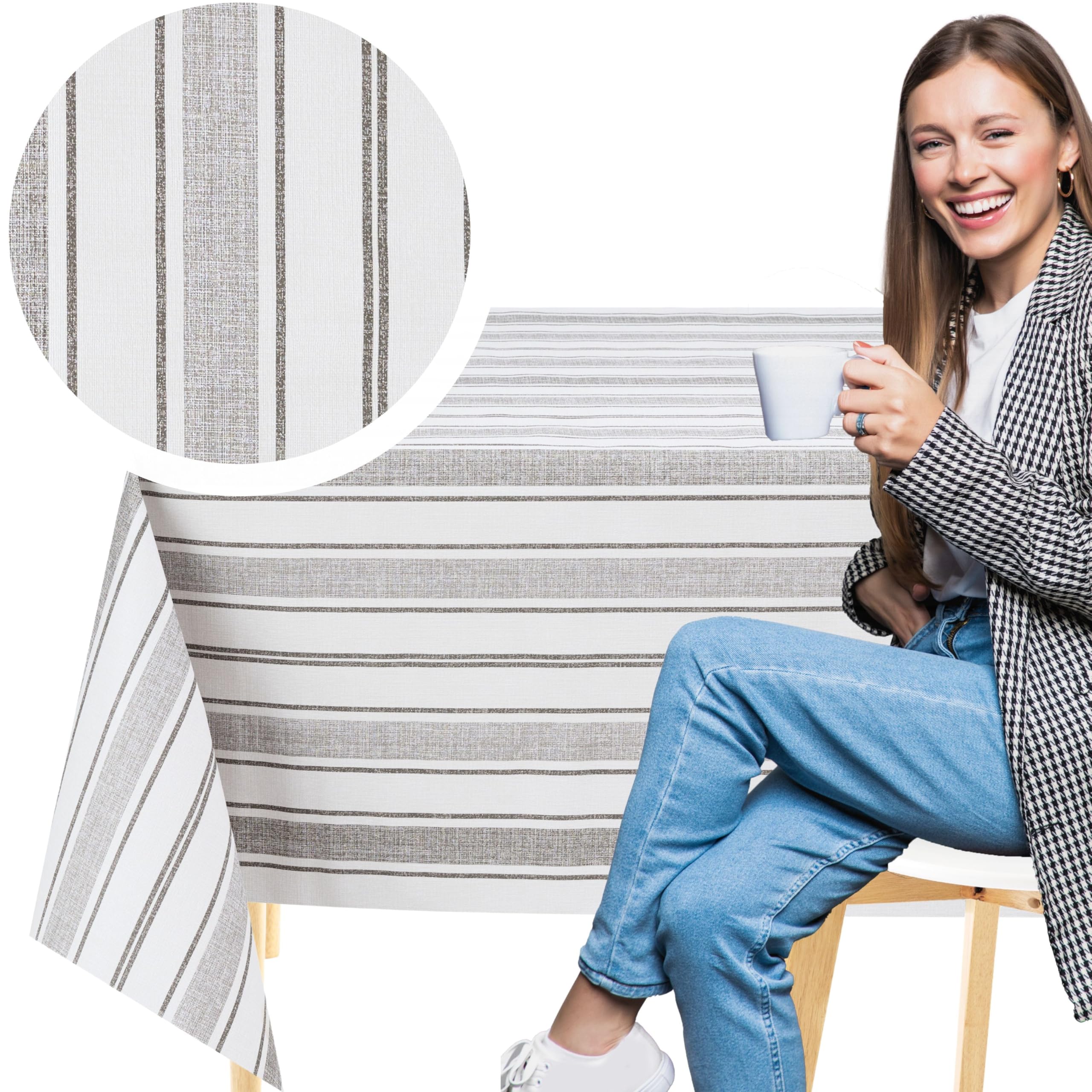 KP HOME White and Grey PVC Table Cloth Wipe Clean Tablecloth with Eco Stripes Print - Rectangular 78.7"x 55.1" - 200x140 cm Waterproof and Wipeable Plastic Table Cover with Linen Look Vinyl Oilcloth