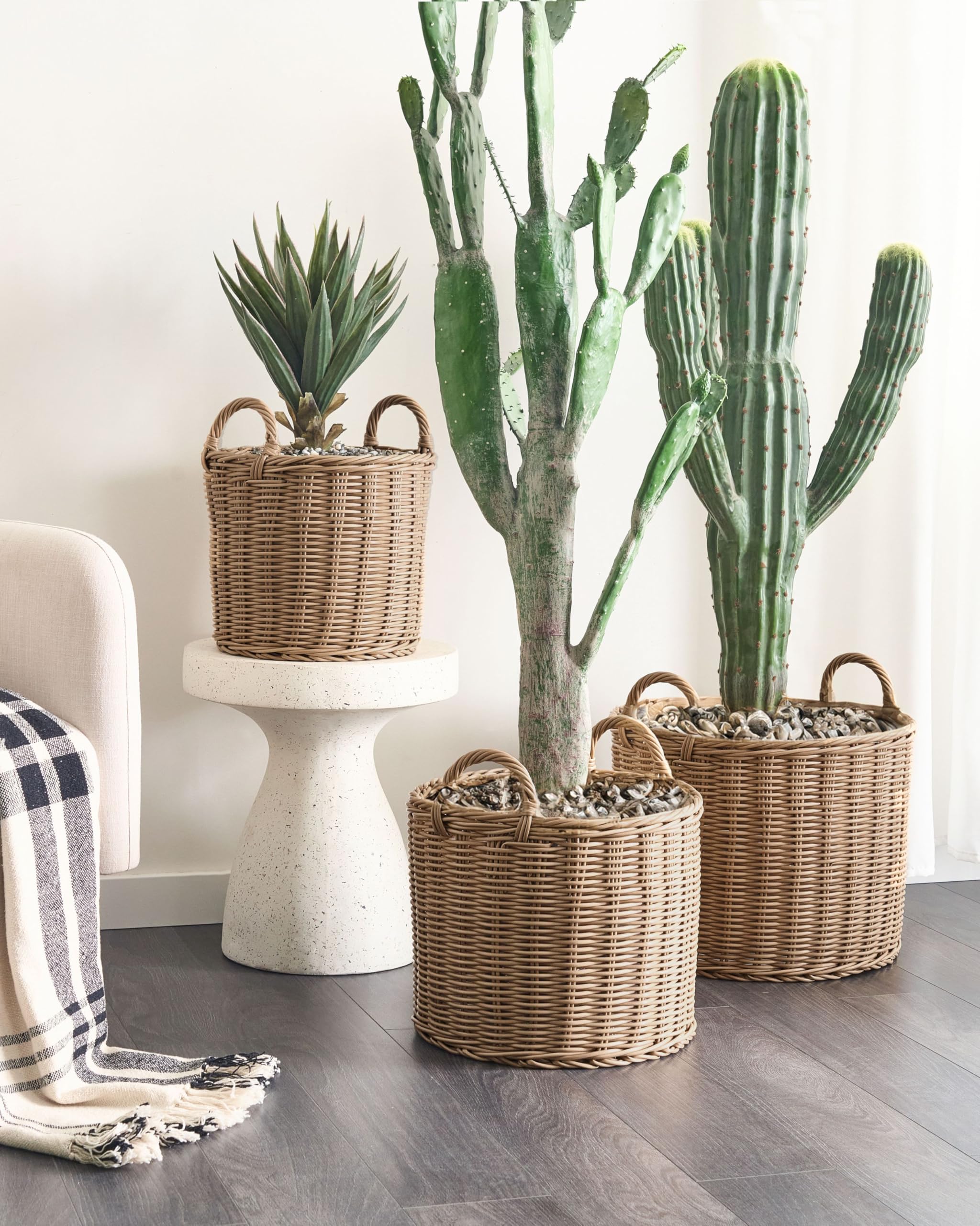 Blumenkorb Rattan natürlich 3er Set rund geflochten mit Folie Griffen Pendula