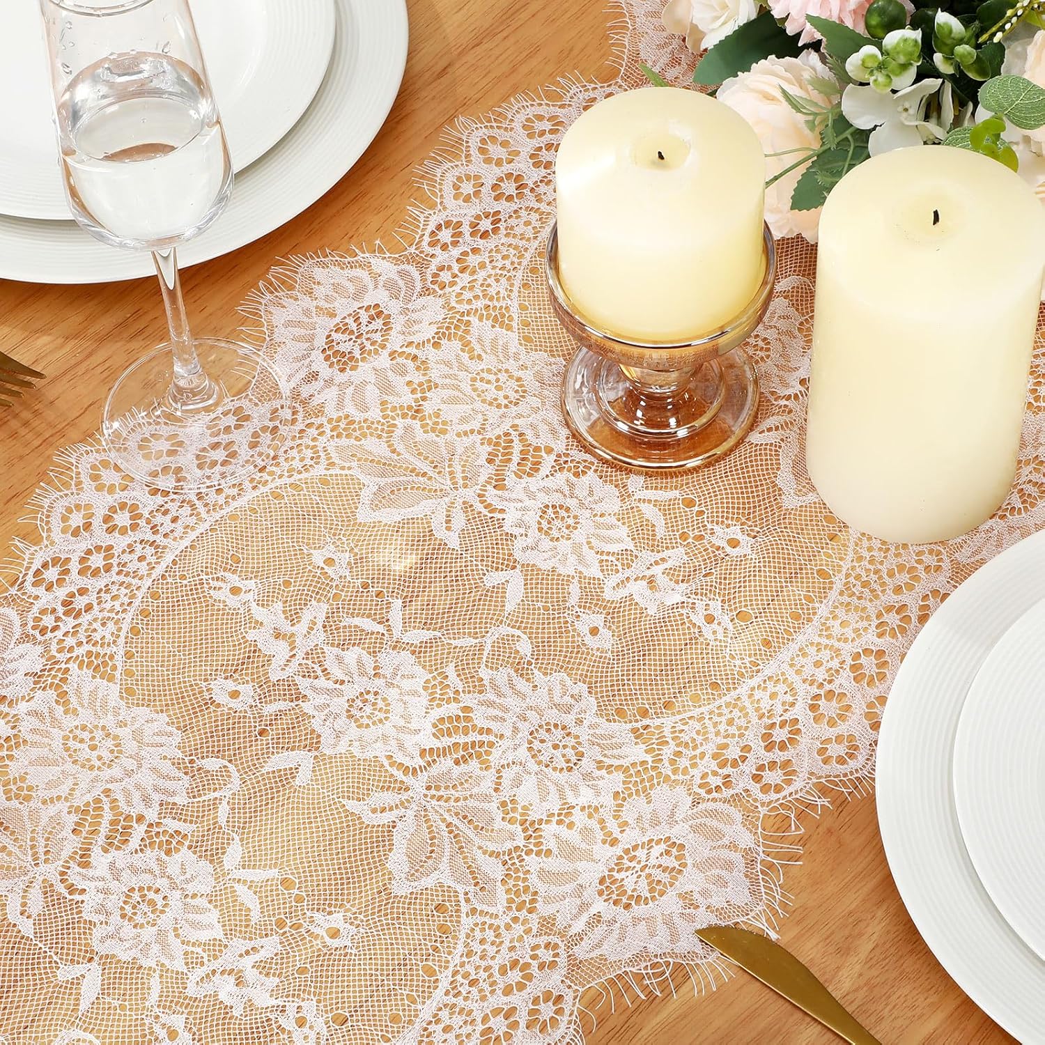 8 Pack White Lace Table Runner 14 x 120 Inch Rustic Vintage Table Runner with Rose Embroidered Floral for Wedding Party Decor Boho Lace Tablecloth for Spring Easter Summer Kitchen Bridal Baby Shower