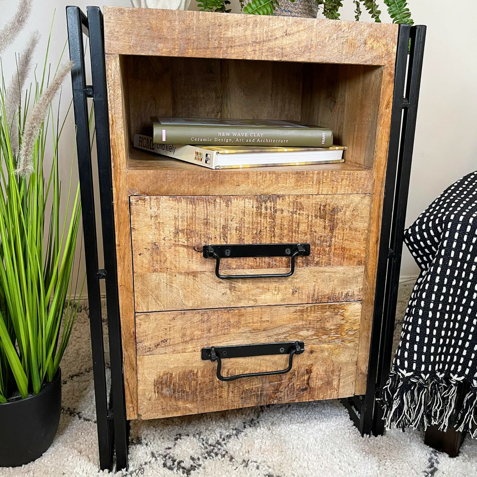 Darthome LtdIndustrial Wooden Bedside Cabinet Rustic Mango Wood Metal 2 Drawer Side Table, Dark Brown