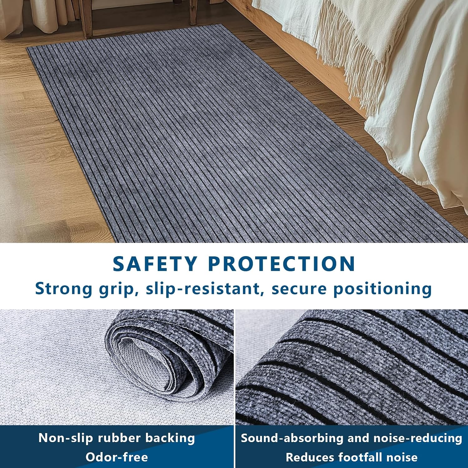Outdoor Runner Rug 3 ft x 15 ft for Hallway with TPR Backing, Gray Wide Stripes Non-Slip Indoor Runner Rugs Suitable for Balcony, Kitchen, Patio, Garage, Deck, Stair and Entryway Areas