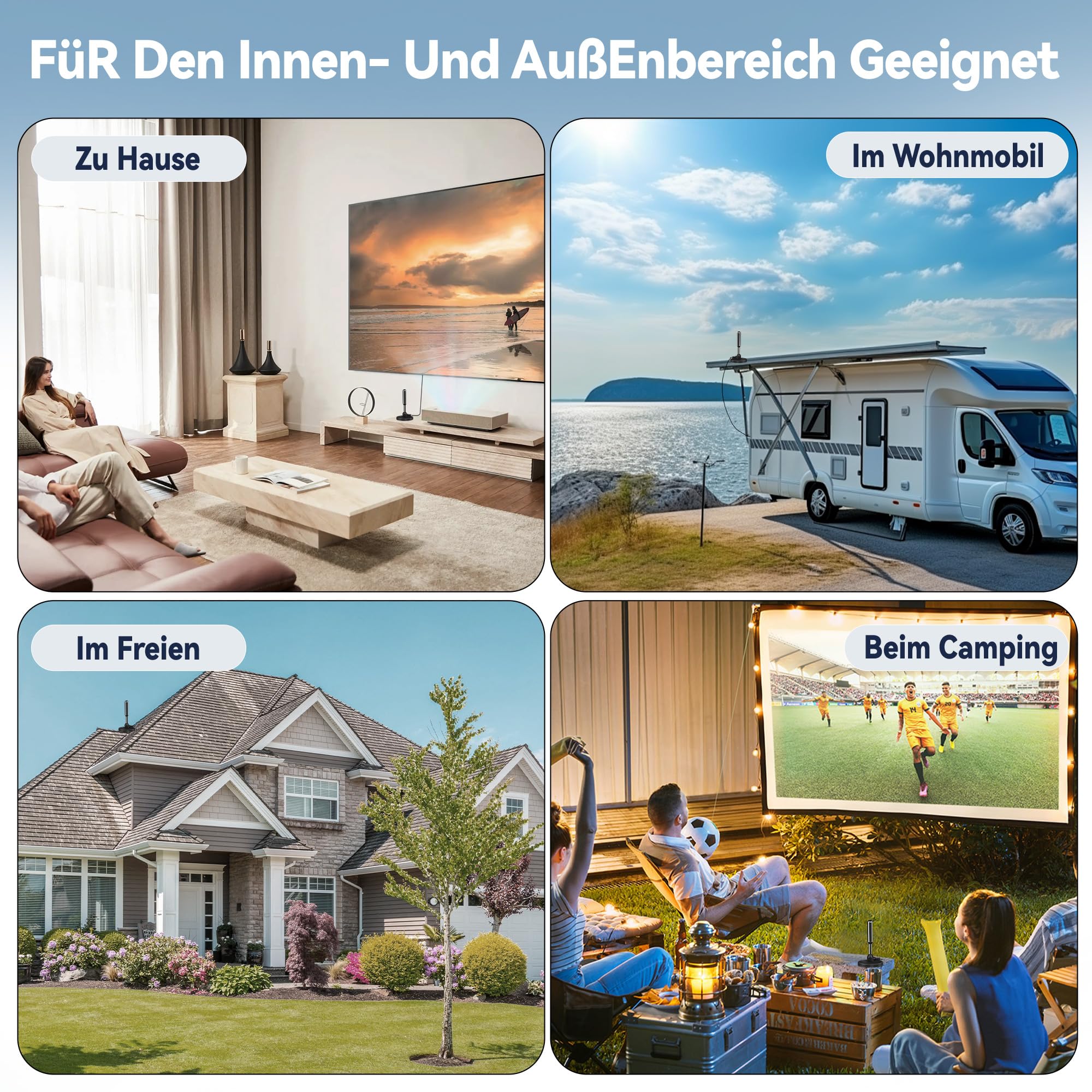 DVB-T2 Antenne mit Verstärker für Innen – Zimmerantenne für Fernseher, DVB-T/T2, TV Antenne 4K UHD Full HD, 360° Empfang bis 500 km, kostenlose Sender