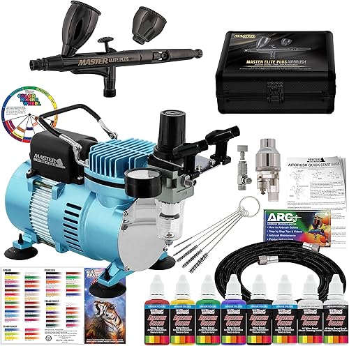 Master Airbrush Cool Runner II - Kit de sistema de compresor de aire de doble ventilador con Master AB Pro Plus Elite Level Performance estuche