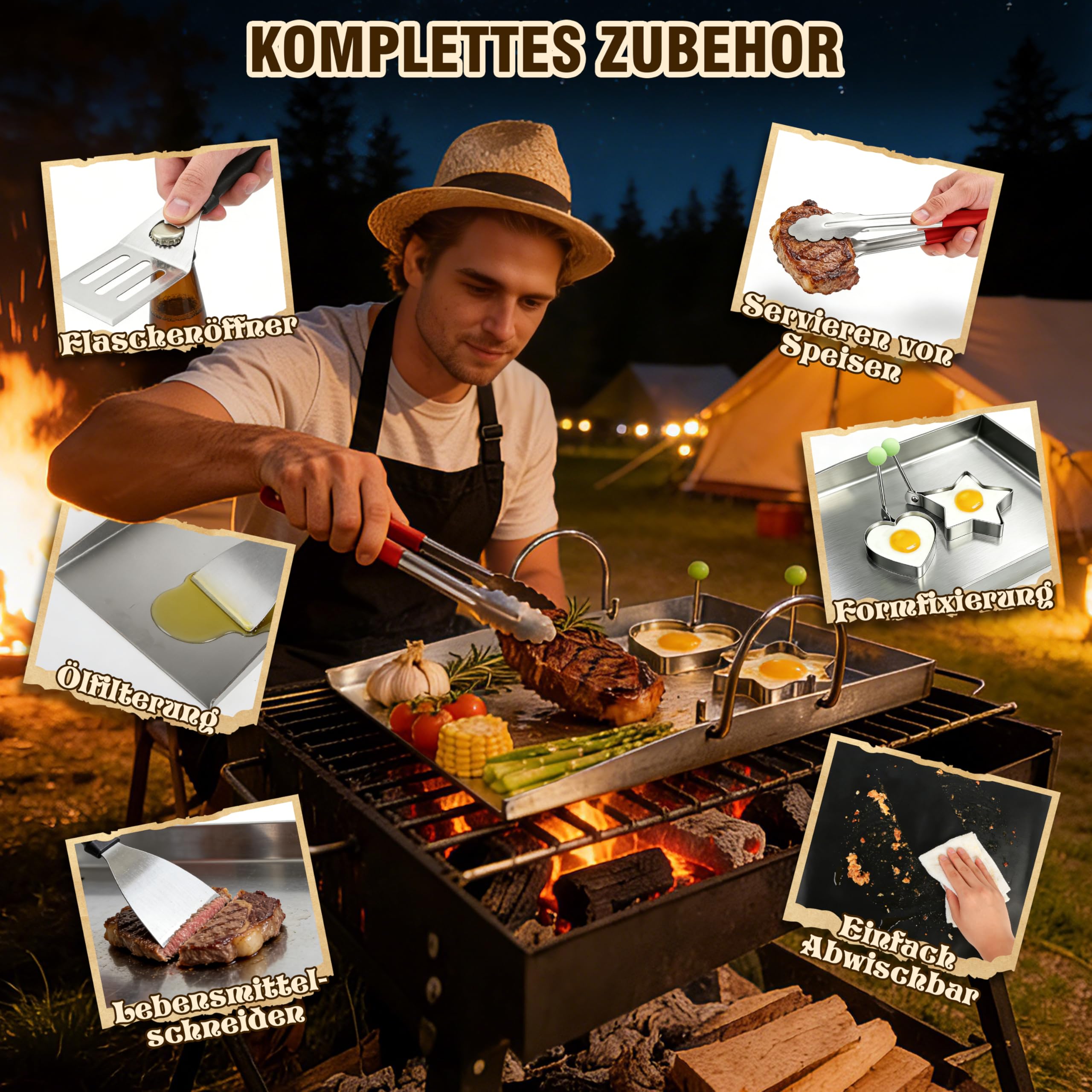 JONRRYIN Plancha Grillplatte Edelstahl [40 x 30cm], 4mm Massive Grillplatte Edelstahl mit Abnehmbarem Griff, Verzugsfreier Plancha Gasgrill mit Grillspachtel Set, Grillmatte für Gas- & Kohlegrill