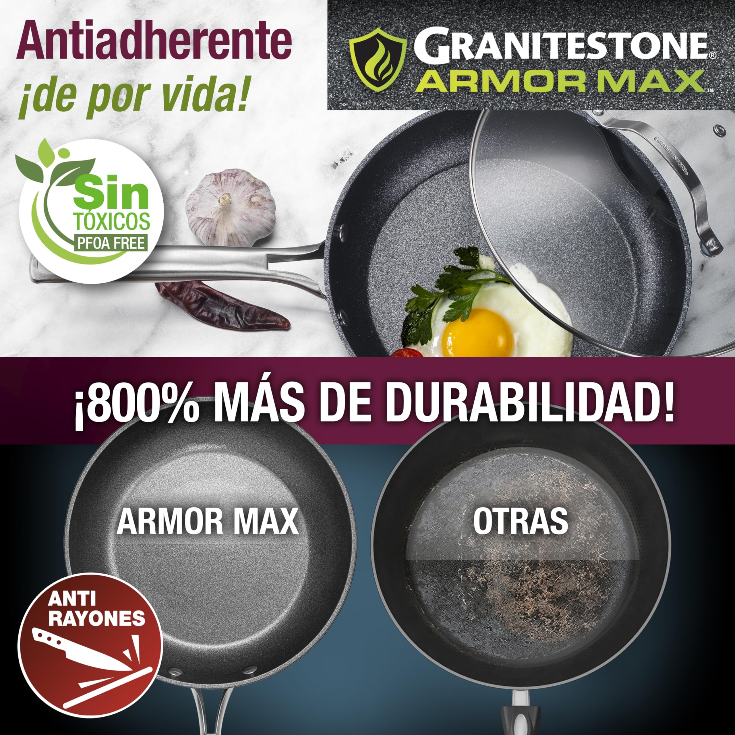 Galería del Coleccionista Batería de Cocina ARMOR MAX 20 Piezas, Ultra-resistente: no se raya ni abolla ¡y es apta para el horno! Super-antiadherente: no se pega nada nunca. Incluye Set de Cuchillos