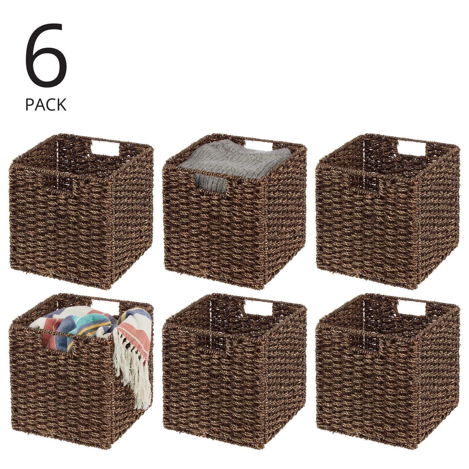 mDesign Seagrass Woven Cube Basket Organizer with Handles - Storage for Bedroom, Office, Living Room, Bathroom, Perfect for Cubby Storage Units - Hold Blankets, Magazines, Books - 6 Pack - Brown Wash