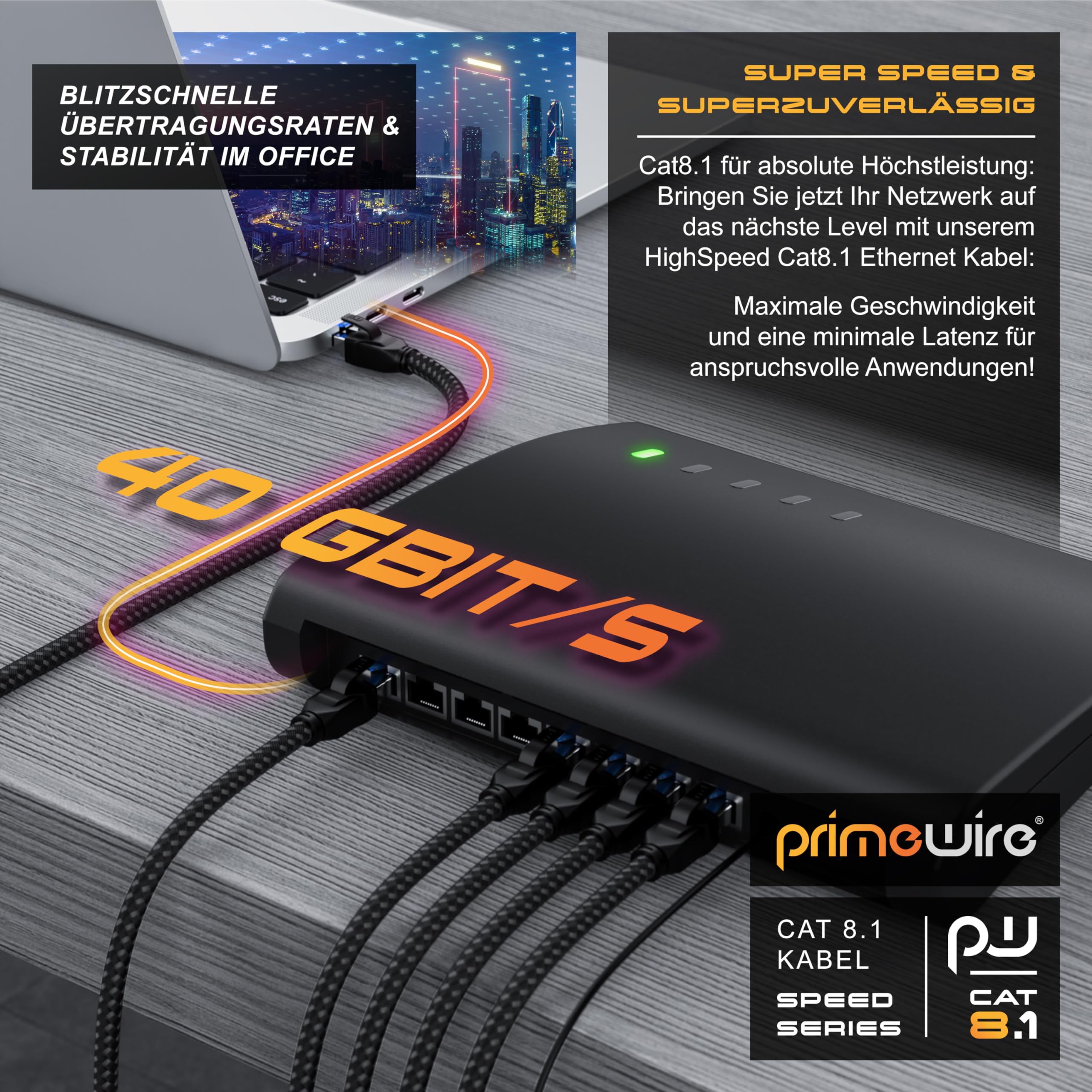 CSL CAT8.1 kabel sieciowy 40 Gb/s - 3 m - płaszcz bawełniany - Black Series - LAN kabel krosowy RJ45 - Gigabit Ethernet Cable - 40000 Mbits - ekranowanie S/FTP PIMF - kompatybilny z CAT6 CAT7