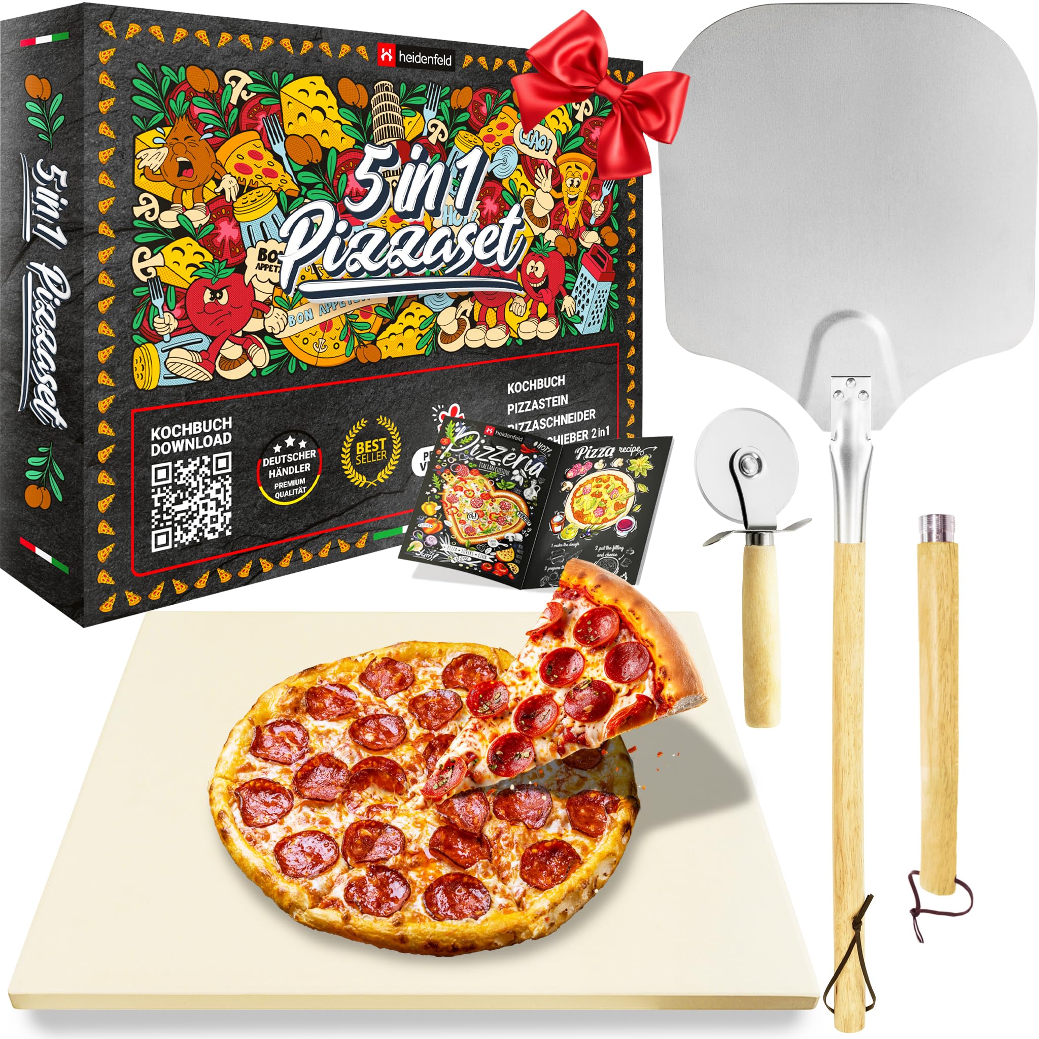 5in1 Pizza Set | Pizzastein für Backofen & Gasgrill - 2in1 Pizzaschieber - Pizzaschneider - Rezeptbuch - Pizza Zubehör - Pizzaschaufel - Pizzamaker - Pizza Stein aus Cordierit - Geschenkset (5in1)