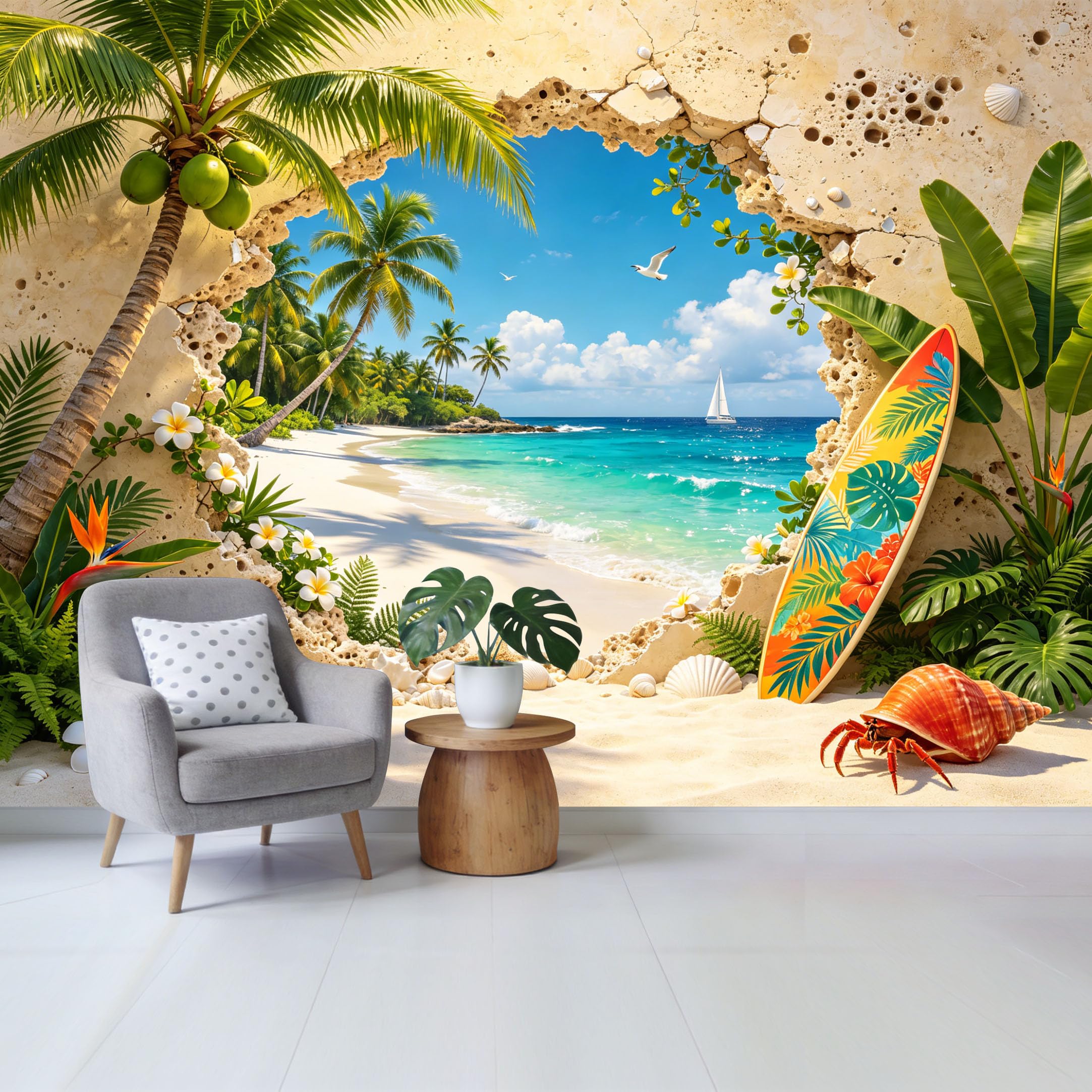 Custom Size Wall Mural Tropical Coastal Beach Palm Trees Ocean View Seashells and Surfboard Removable Self Adhesive Fabric Home Wall Decor for Living Room Bedroom Bathroom