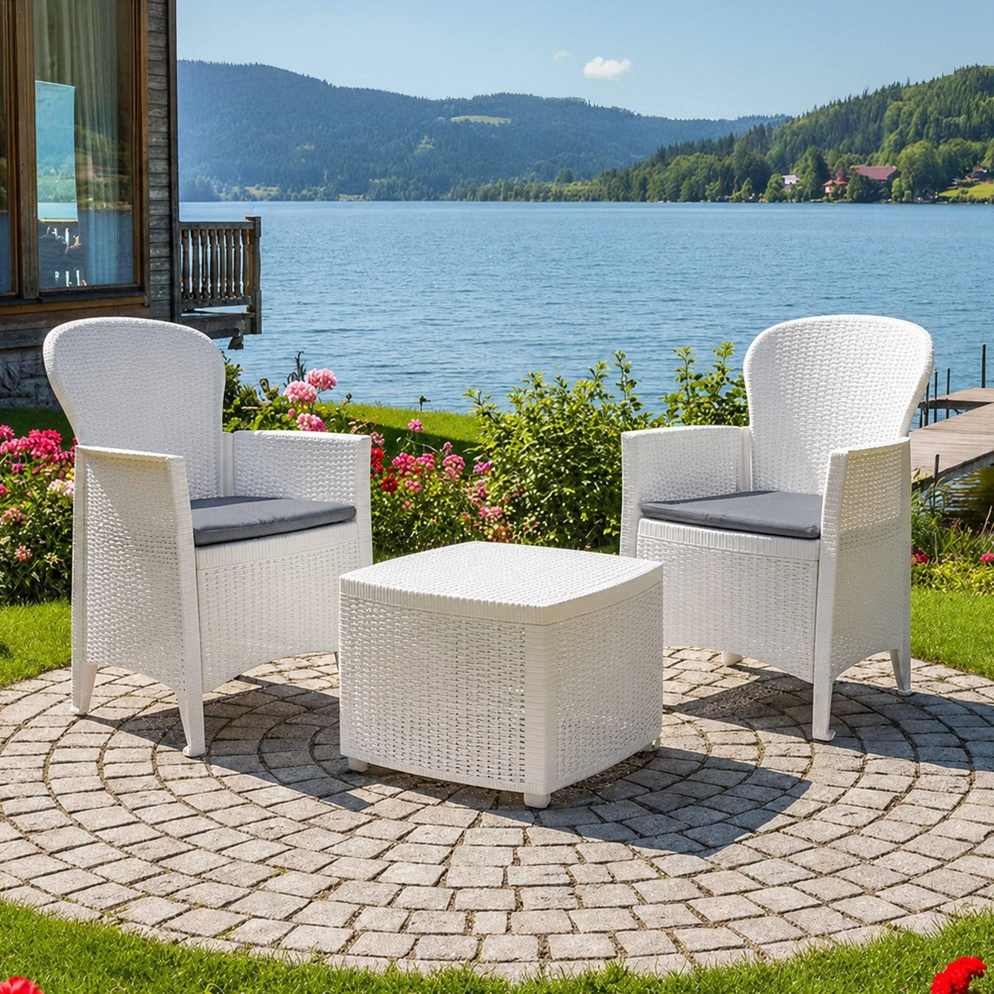 Dmora - Set salotto da esterno Napoli, Composizione da giardino con 2 poltrone ed 1 tavolino contenitore, Salottino effetto rattan, 100% Made in Italy, Bianco