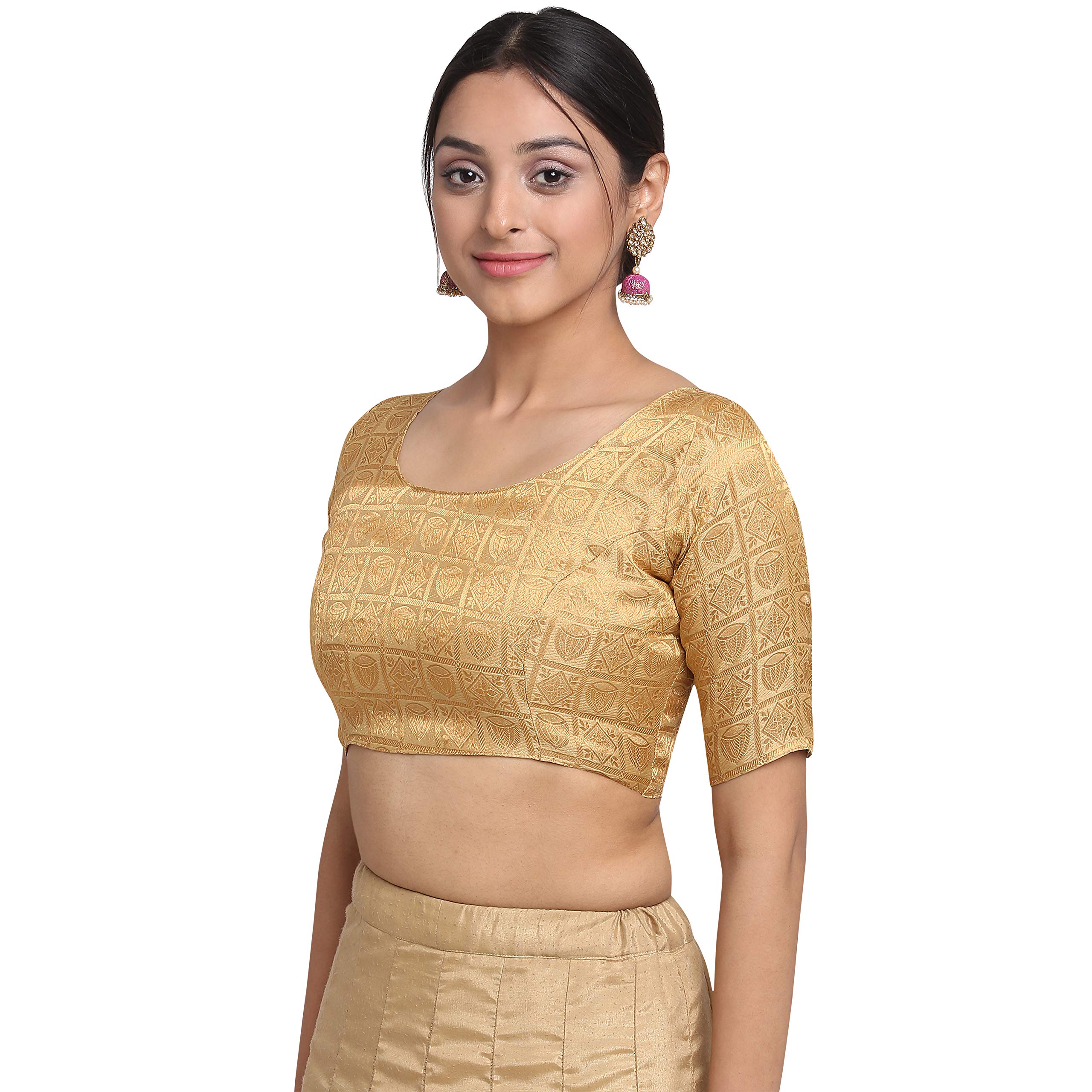 Oomph! Women's Art Silk Solid 3/4 Sleeve Saree Blouse (Rbbl16L_Latte Beige_L)
