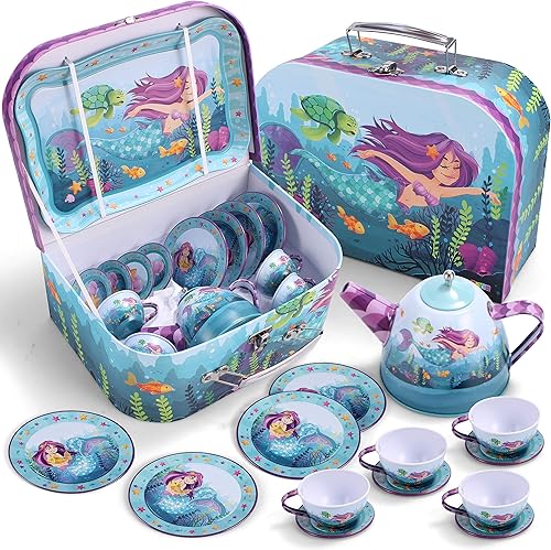 Miniatura 3 de JOYIN Juego de té para niñas pequeñas, juego de tetera de hojalata de princesa, juguete de cocina con tazas, platos y estuche de transporte para
