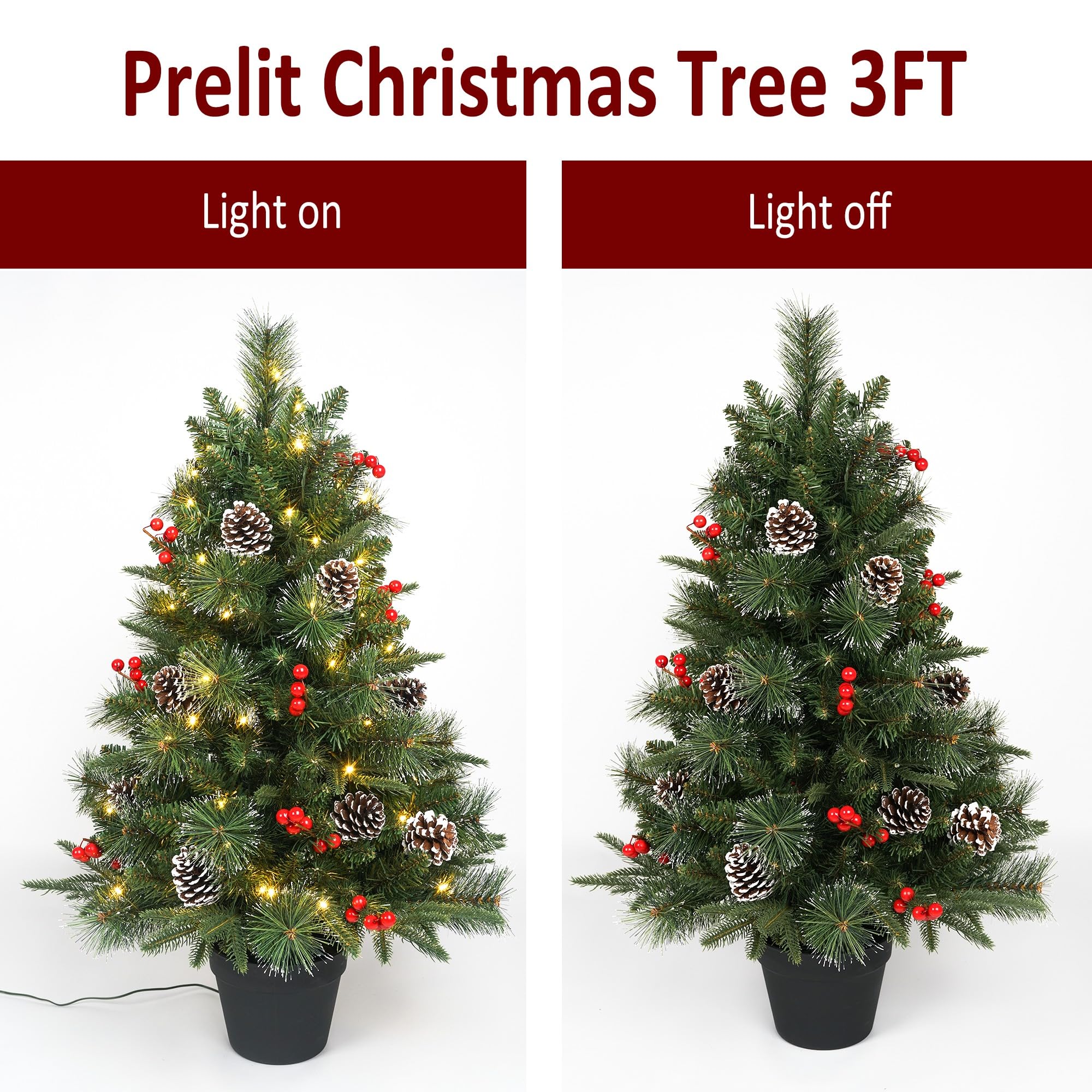 Sapin de Noël artificiel pré-éclairé de 91 cm avec 70 LED rouges chaudes, aiguilles de pin, sapin de Noël en pot de verdure pour intérieur, porche, extérieur