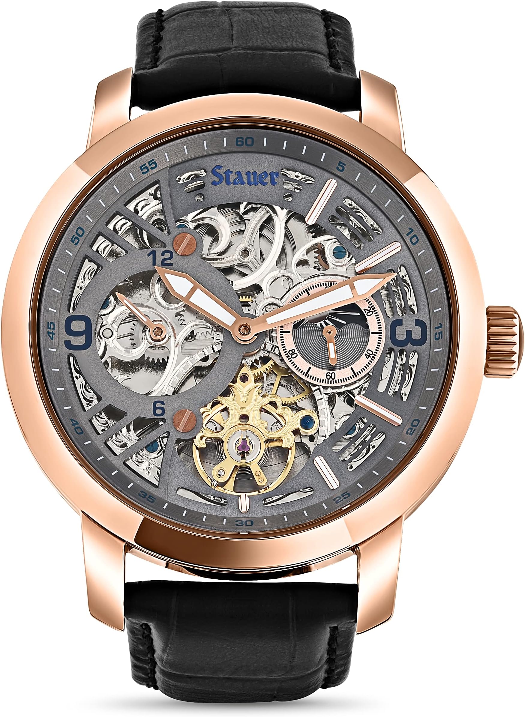 - X Ray Automatic Watch for Men – Transparent-Faced Skeleton & Rose Gold-Finished Watch Case – Black Crocodile-Embossed Leather Watch Band