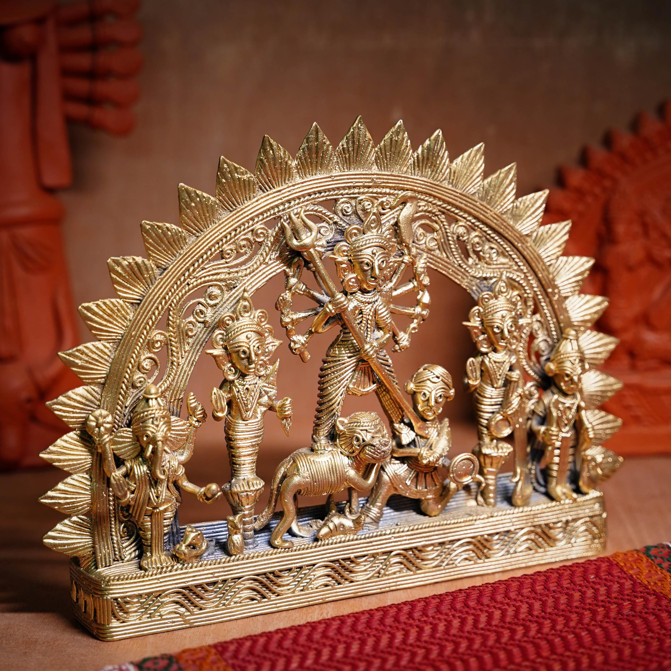 Dhokra Craft Ekchala Durga Family, 9 inch x 7 inch, Handcrafted, Traditional Decorative Showpiece, Brass Metal, for Puja, Living Room, Home Decor, Gift-image-36