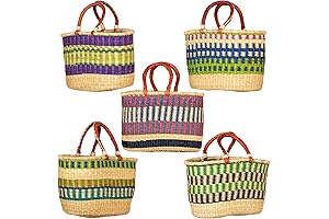 Hand-woven African Market Basket with Leather Handles