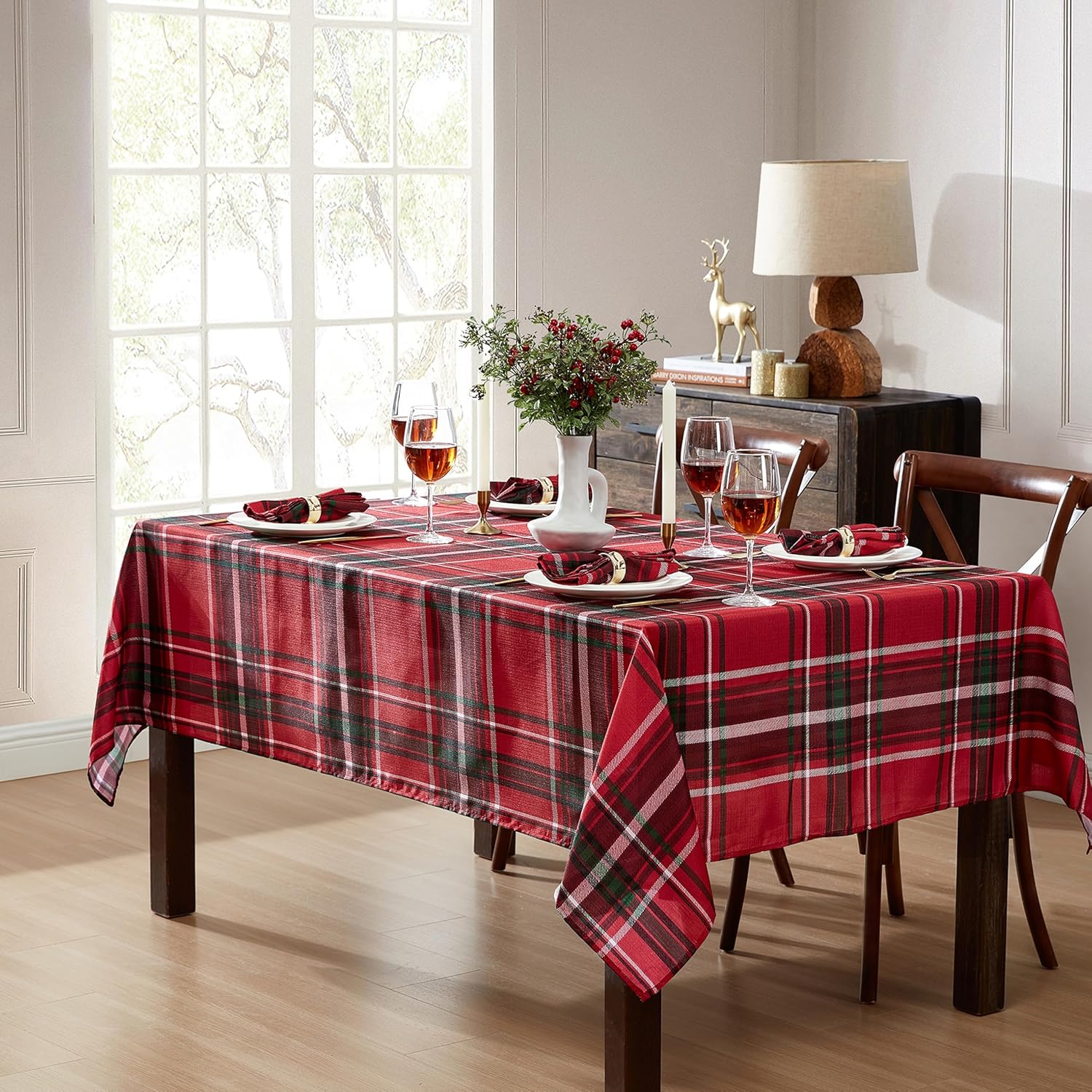 Elrene Home Fashions Pocono Plaid Red/Green Holiday/Christmas Fabric Rectangle Dining Tablecloth, 60"x120"