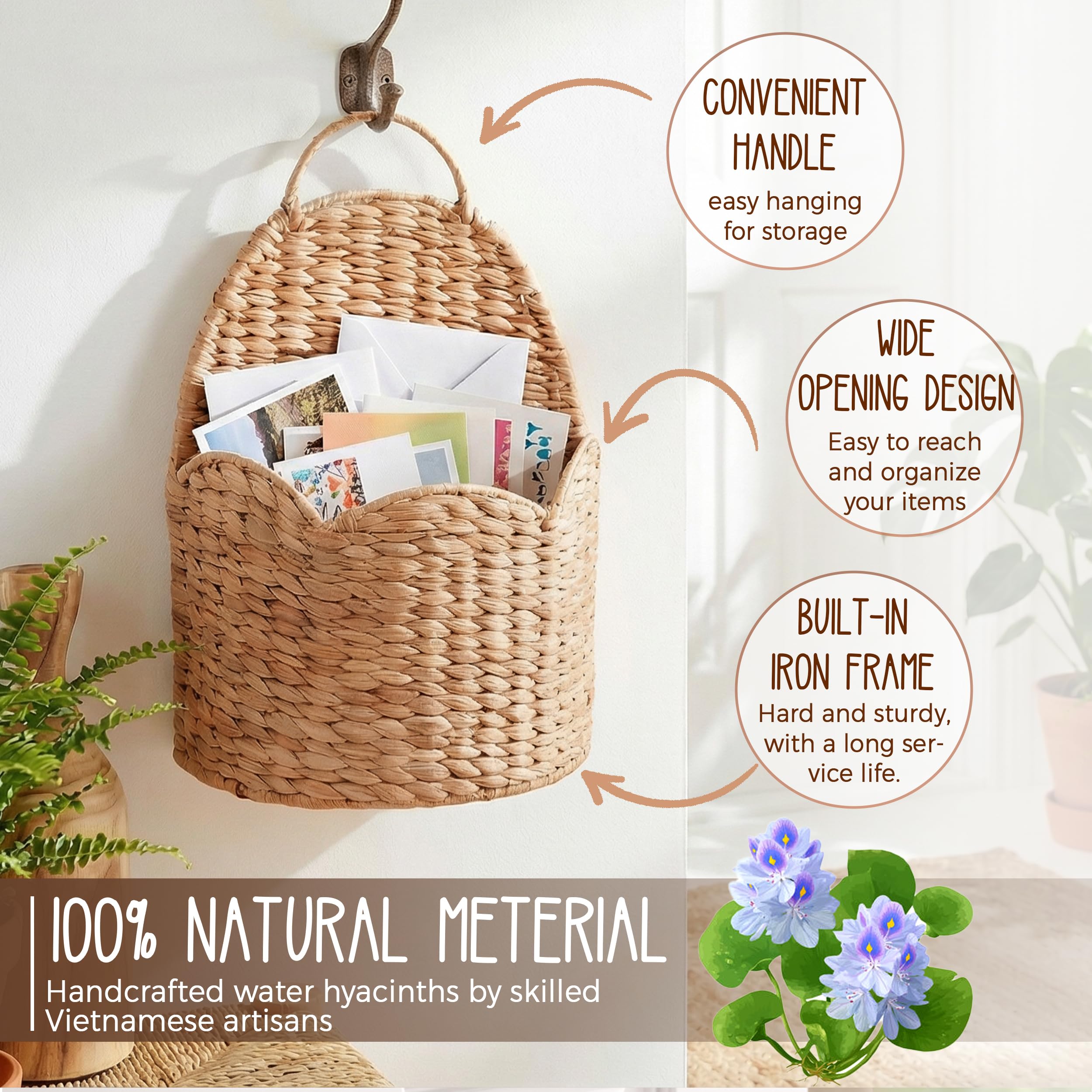 Hängekorb aus Wasserhyazinthe, gewellt, Wand- und Tür-Organizer mit Schlaufengriff, Brief-/Blumenhalter, Boho-Bauernhaus-Wanddekoration, handgewebt in Vietnam, natürlicher gewebter