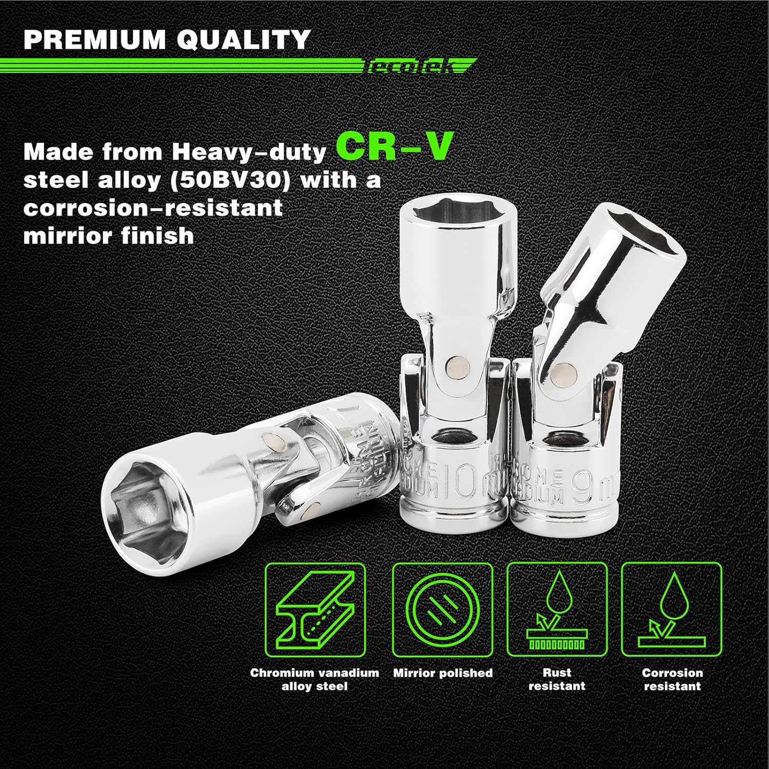 19-Piece 1/4-Inch Drive Universal Joint Socket Set, Swivel Socket Set, 6-Point, SAE (3/16" to 9/16") and Metric (5mm to 15mm), CR-V, Universal Flex Socket for Easier Access to Tight Spaces