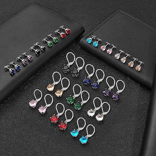 Miniatura 3 de Aretes colgantes y tachuelas de cristal multicolor para mujer, de plata 925, hipoalergénicos, aretes colgantes con cierre de palanca para niñas