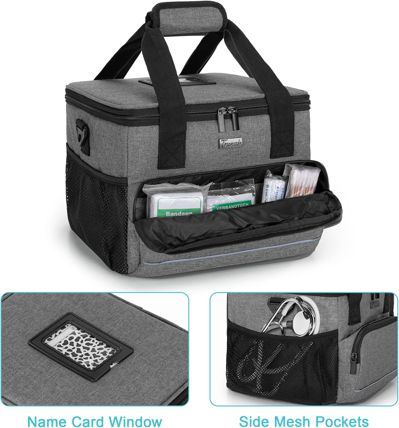 Trunab Insulated Medical Bag with Adjustable Dividers, Medicine Supplies Water-Resistant Bag for Home, Travel, Camping, Empty Bag - Patented Design,Grey