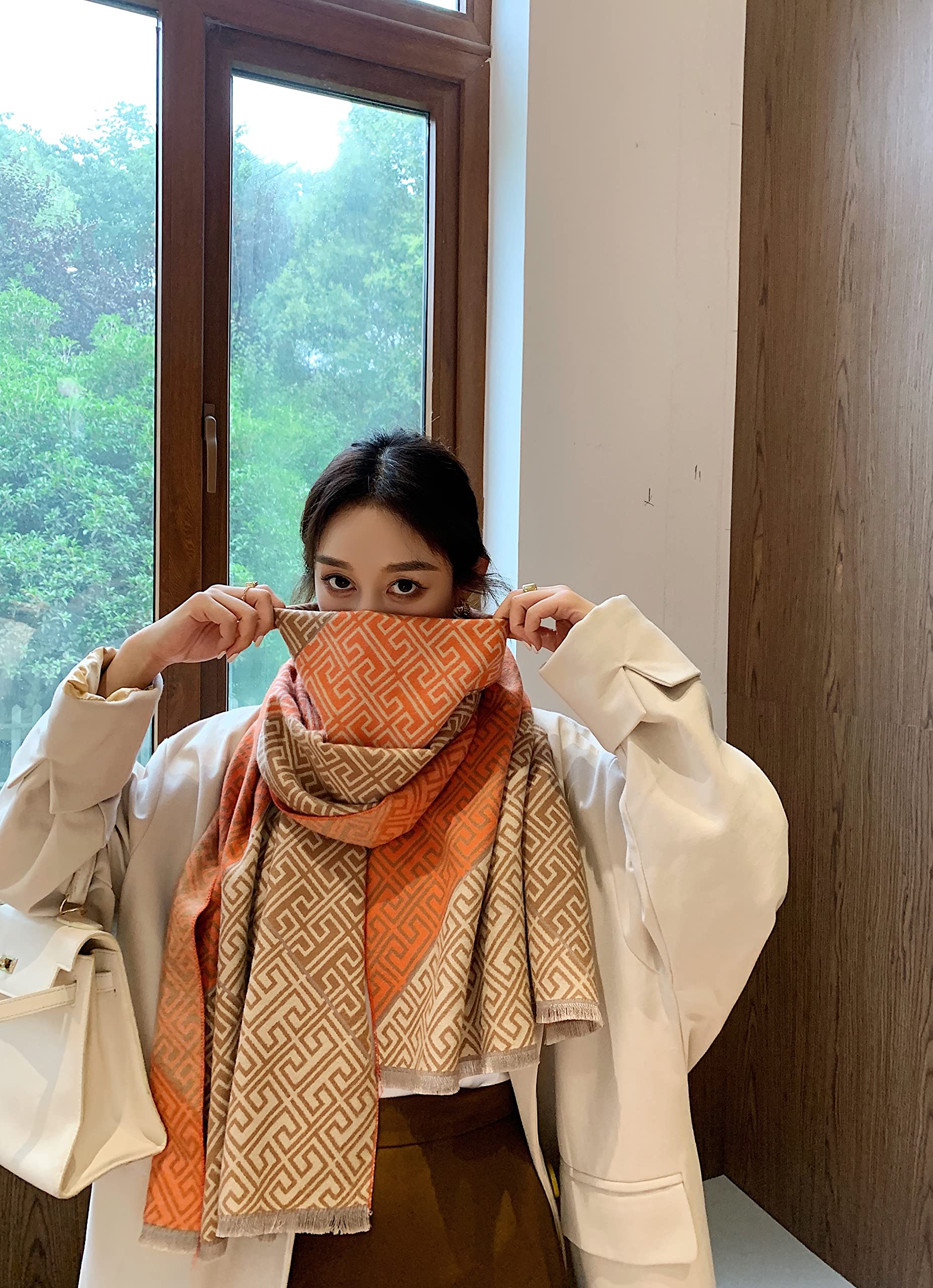 iCuviy Grande scialli e involucri pashmina da donna extra morbidi al tatto in cashmere, sciarpe autunnali scialli e involucri per matrimonio, Arancione e marrone., Large